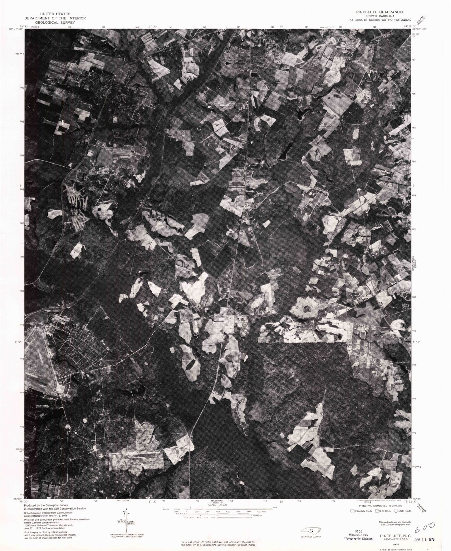 Classic USGS Pinebluff North Carolina 7.5'x7.5' Topo Map Image