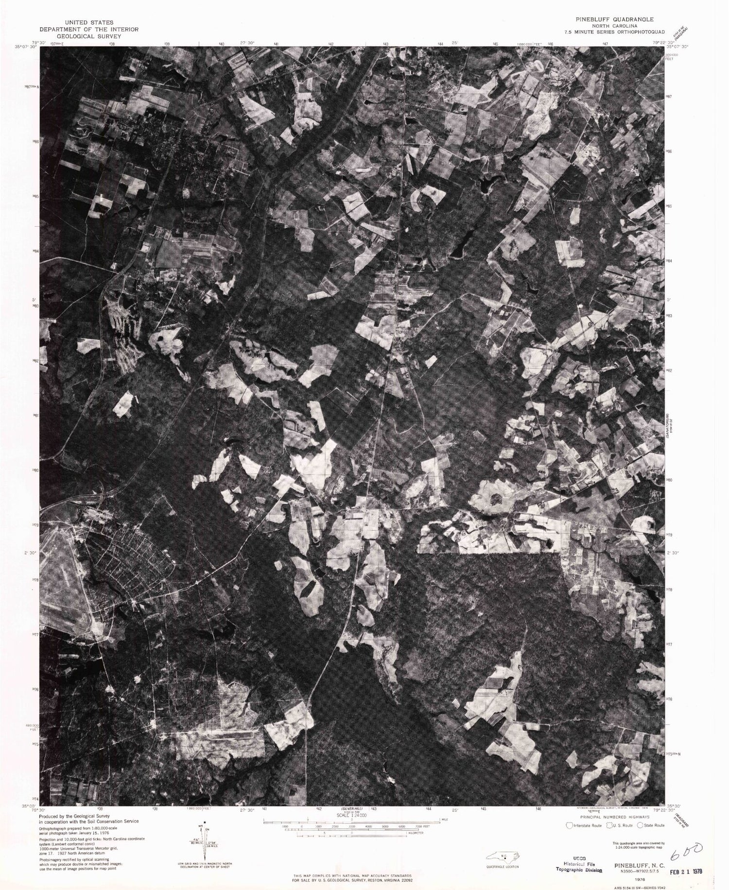 Classic USGS Pinebluff North Carolina 7.5'x7.5' Topo Map Image