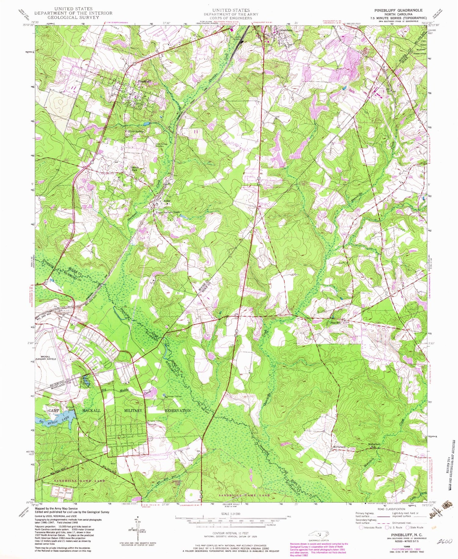 Classic USGS Pinebluff North Carolina 7.5'x7.5' Topo Map Image
