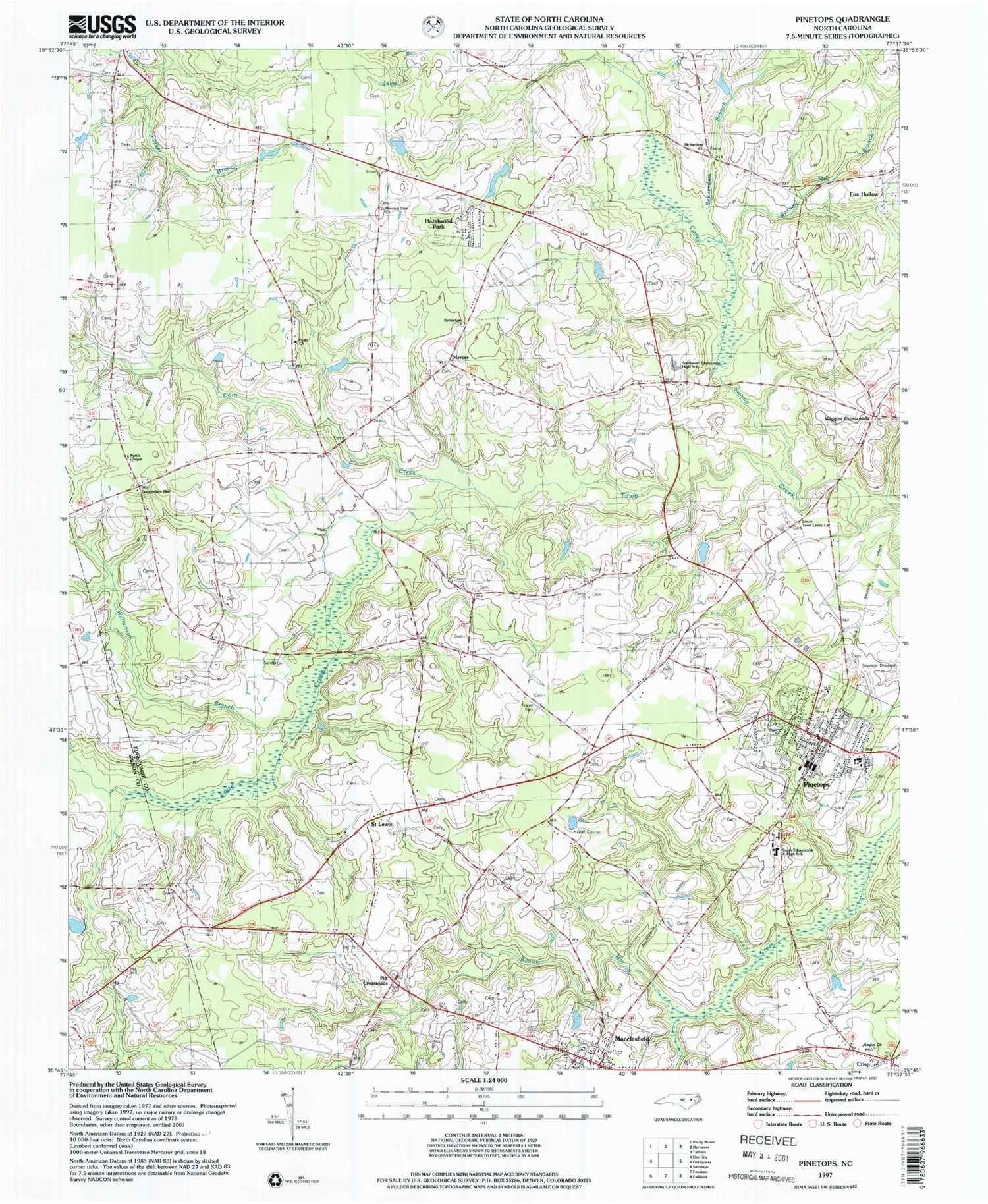 Classic USGS Pinetops North Carolina 7.5'x7.5' Topo Map Image