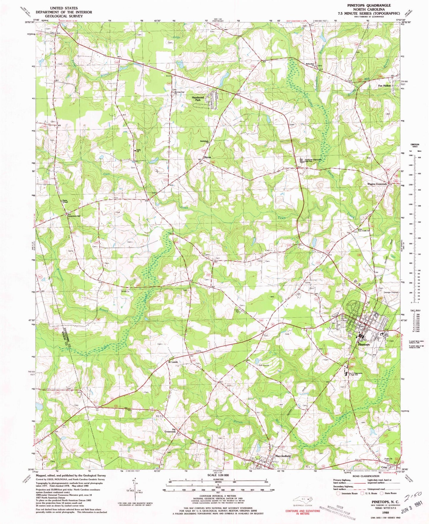 Classic USGS Pinetops North Carolina 7.5'x7.5' Topo Map Image