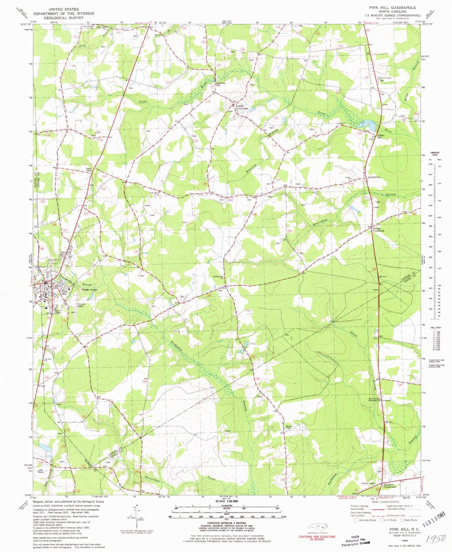 Classic USGS Pink Hill North Carolina 7.5'x7.5' Topo Map Image