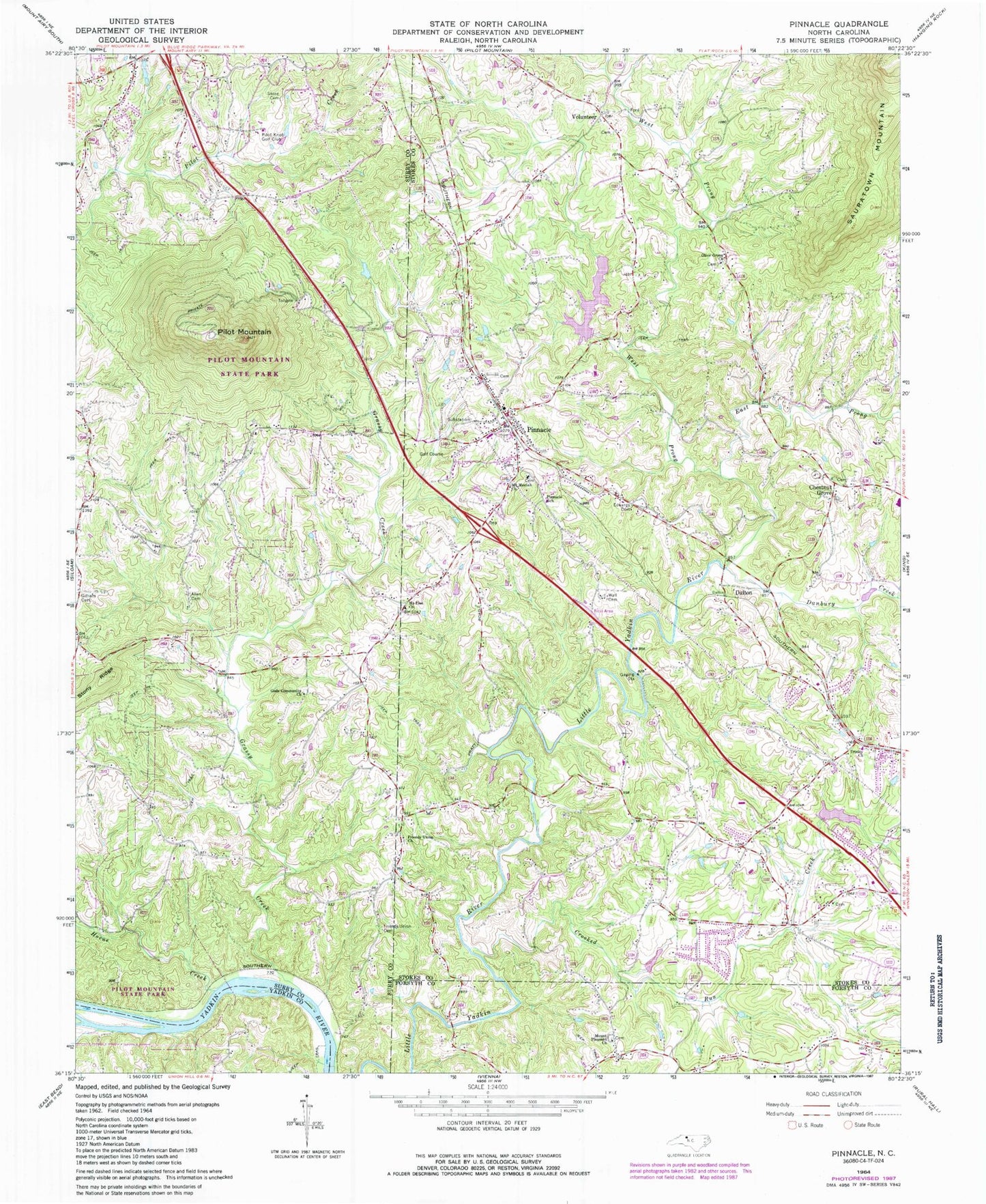 Classic USGS Pinnacle North Carolina 7.5'x7.5' Topo Map Image