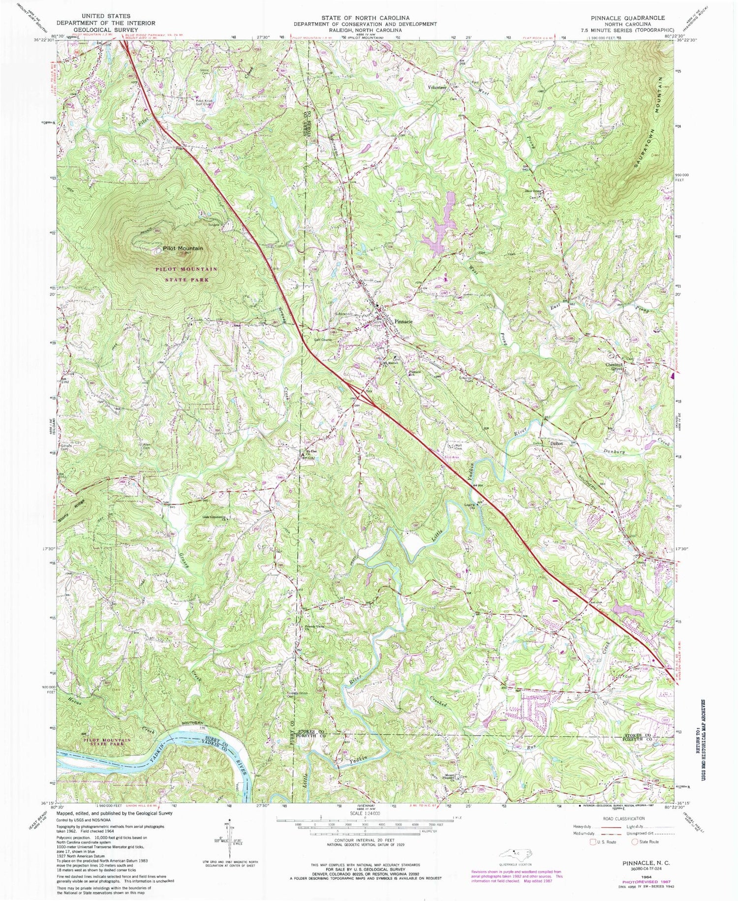 Classic USGS Pinnacle North Carolina 7.5'x7.5' Topo Map Image
