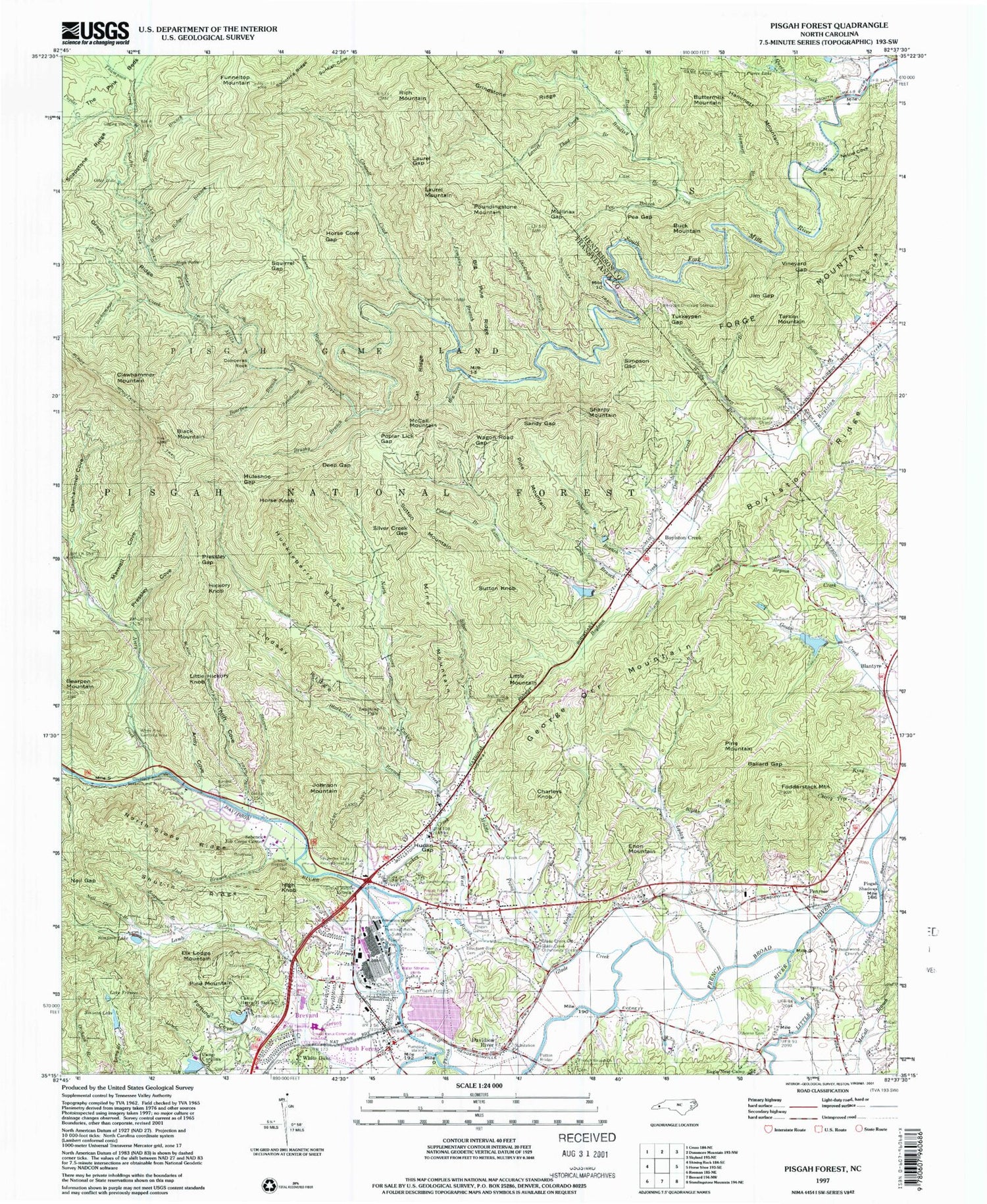 Classic USGS Pisgah Forest North Carolina 7.5'x7.5' Topo Map Image