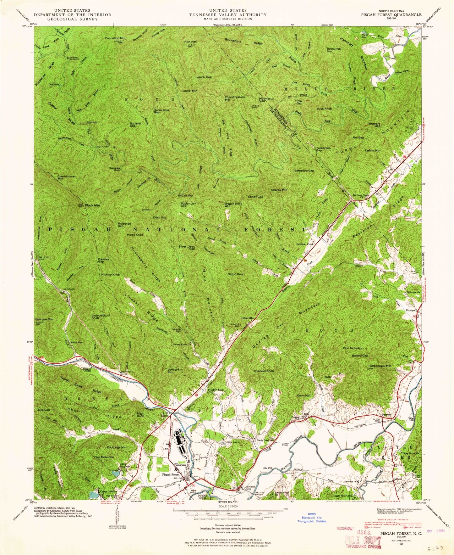 Classic USGS Pisgah Forest North Carolina 7.5'x7.5' Topo Map Image