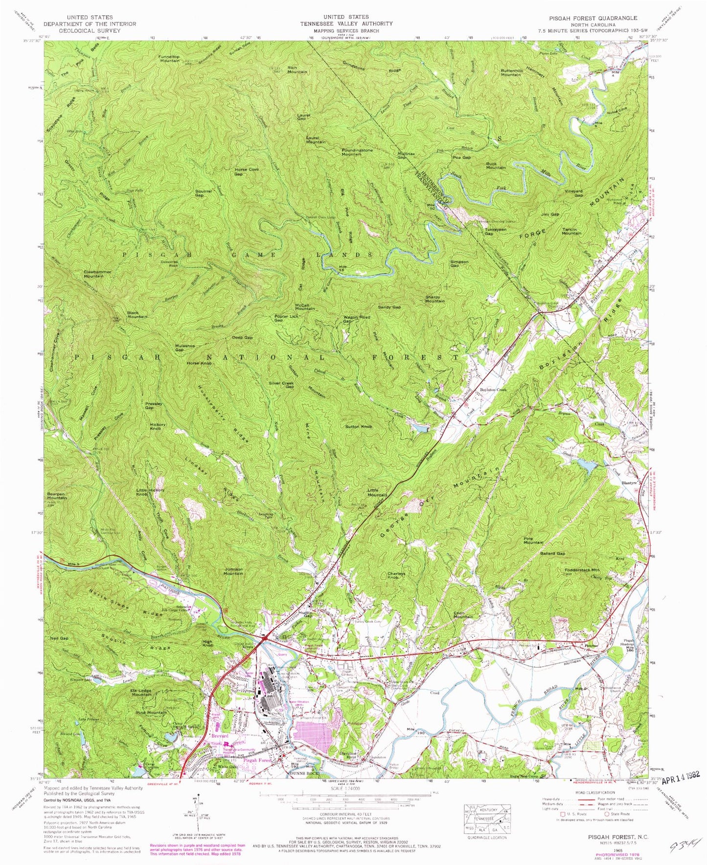 Classic USGS Pisgah Forest North Carolina 7.5'x7.5' Topo Map Image
