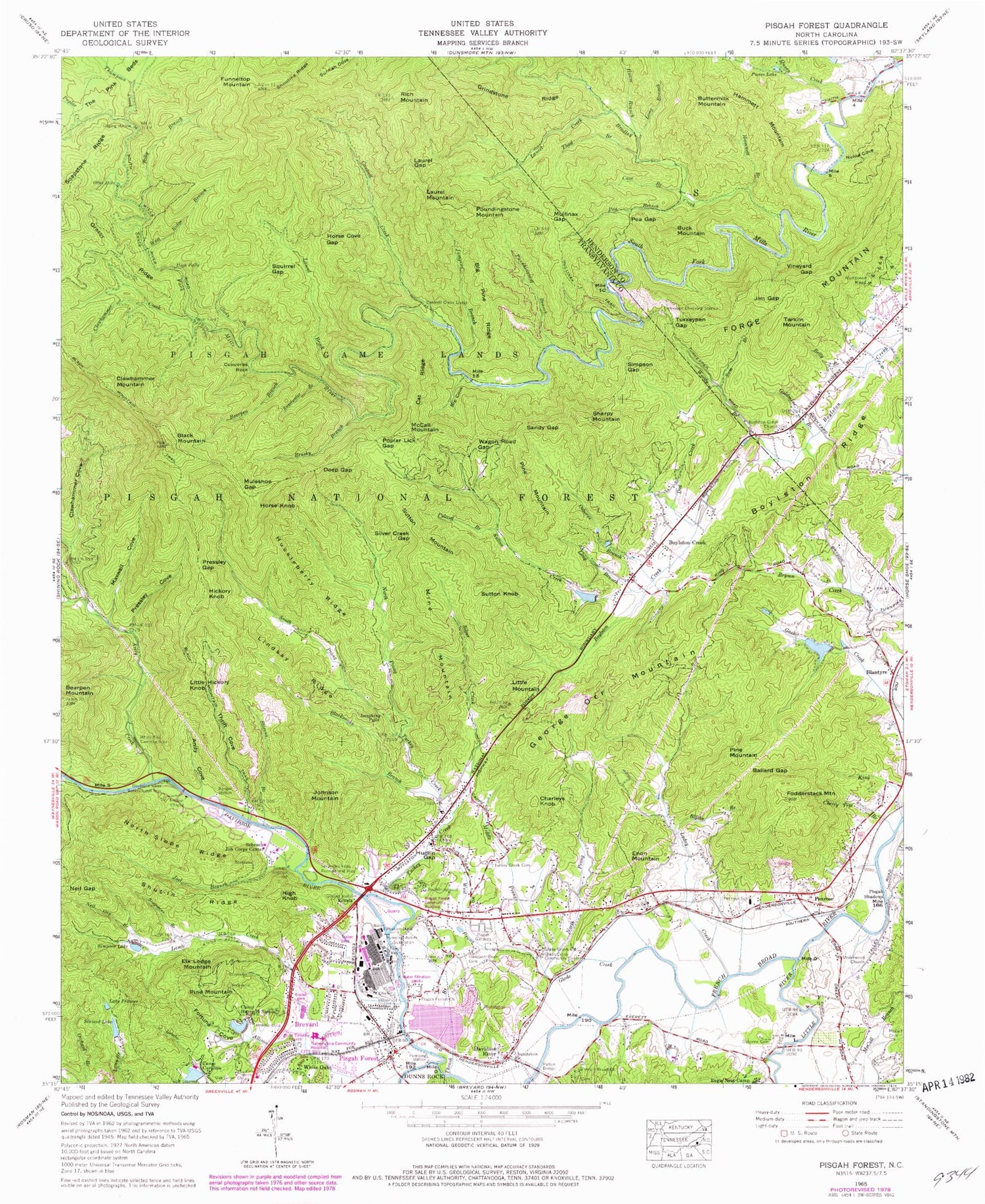 Classic USGS Pisgah Forest North Carolina 7.5'x7.5' Topo Map Image