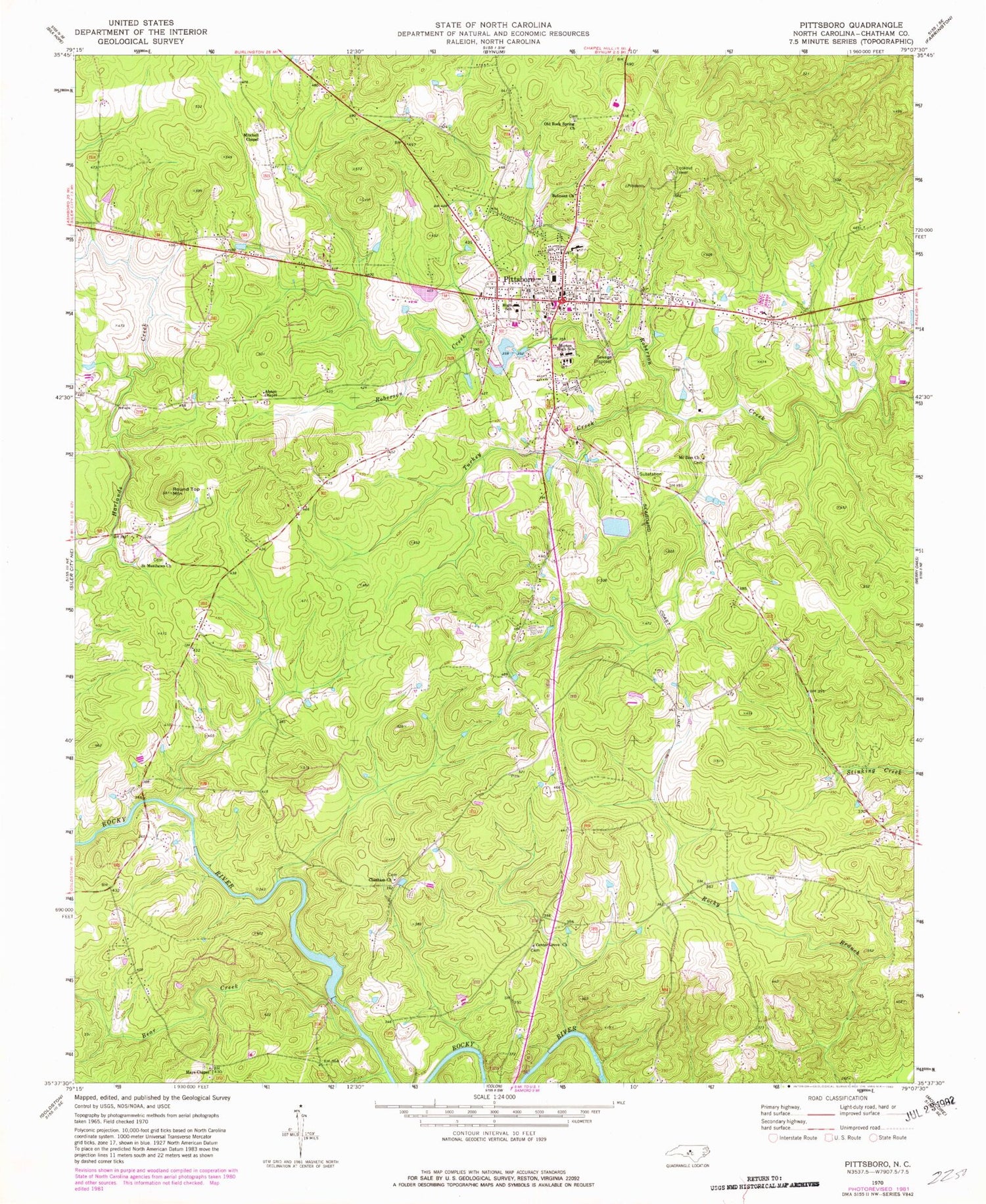 Classic USGS Pittsboro North Carolina 7.5'x7.5' Topo Map Image