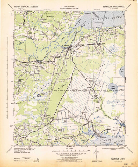 Historic 1943 Plymouth North Carolina 30'x30' Topo Map Image