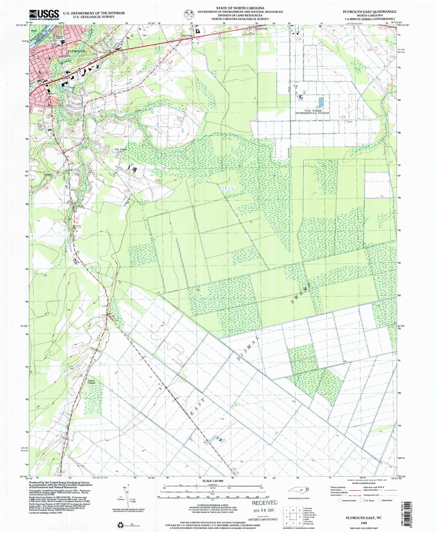 Classic USGS Plymouth East North Carolina 7.5'x7.5' Topo Map Image