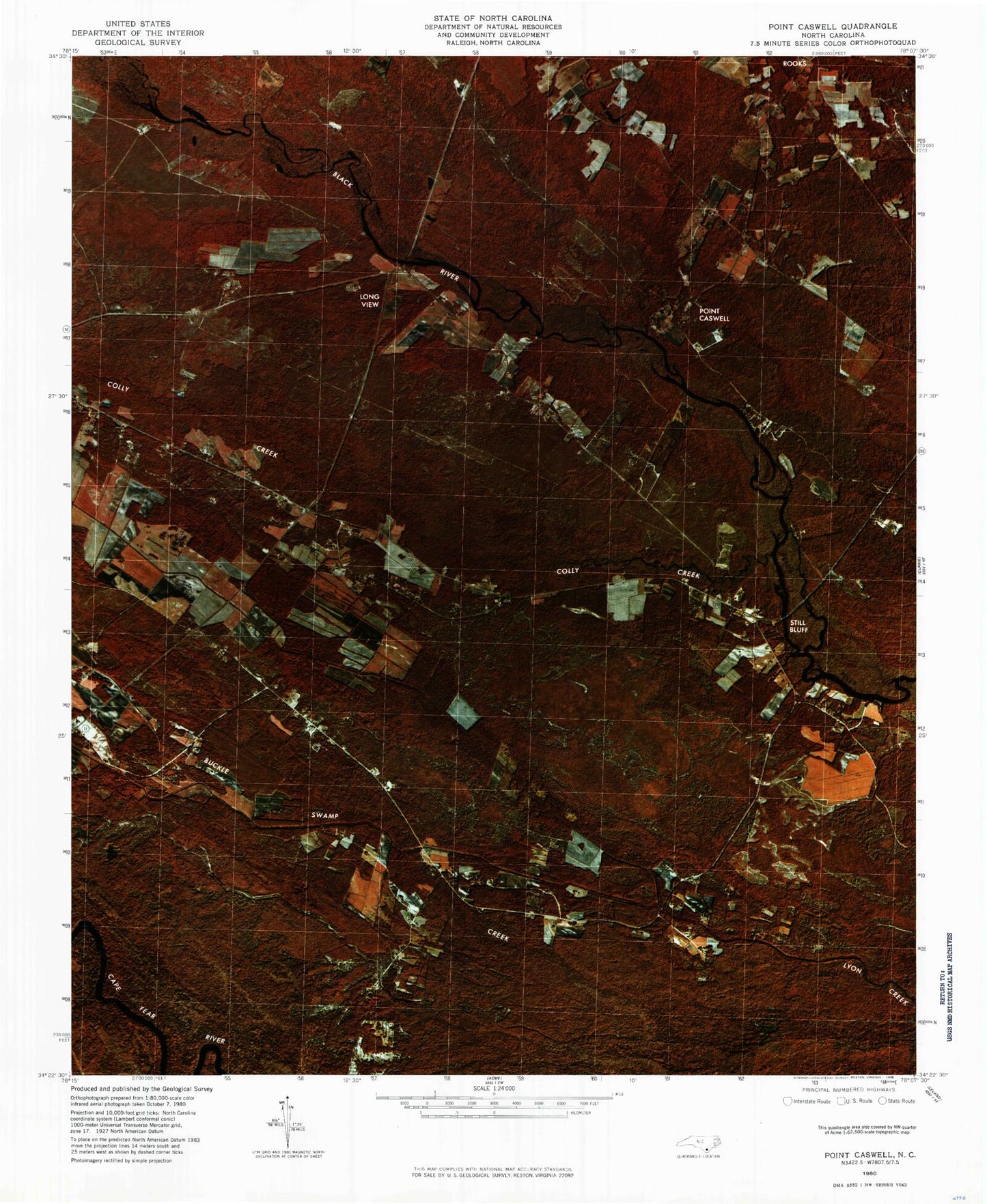 Classic USGS Point Caswell North Carolina 7.5'x7.5' Topo Map Image