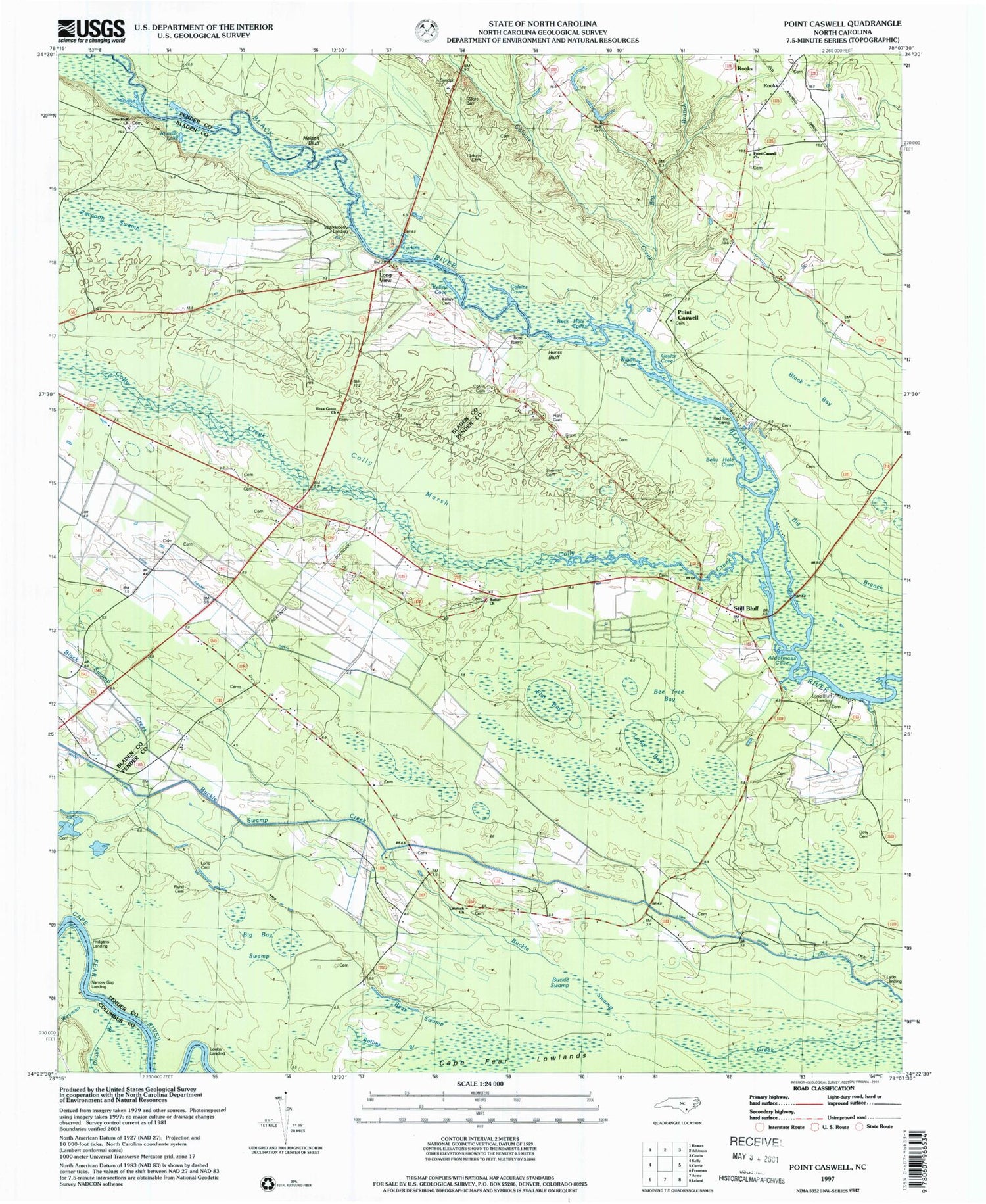 Classic USGS Point Caswell North Carolina 7.5'x7.5' Topo Map Image