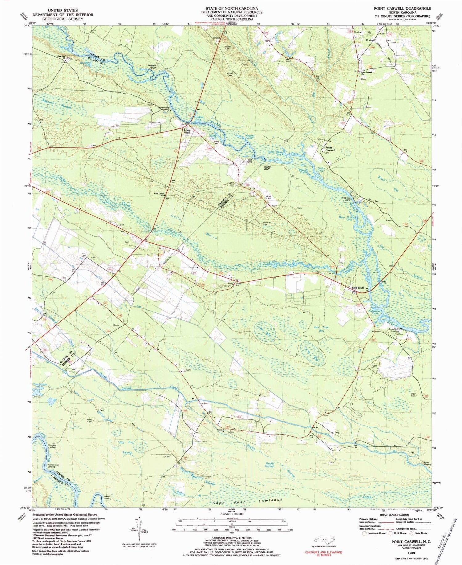 Classic USGS Point Caswell North Carolina 7.5'x7.5' Topo Map Image