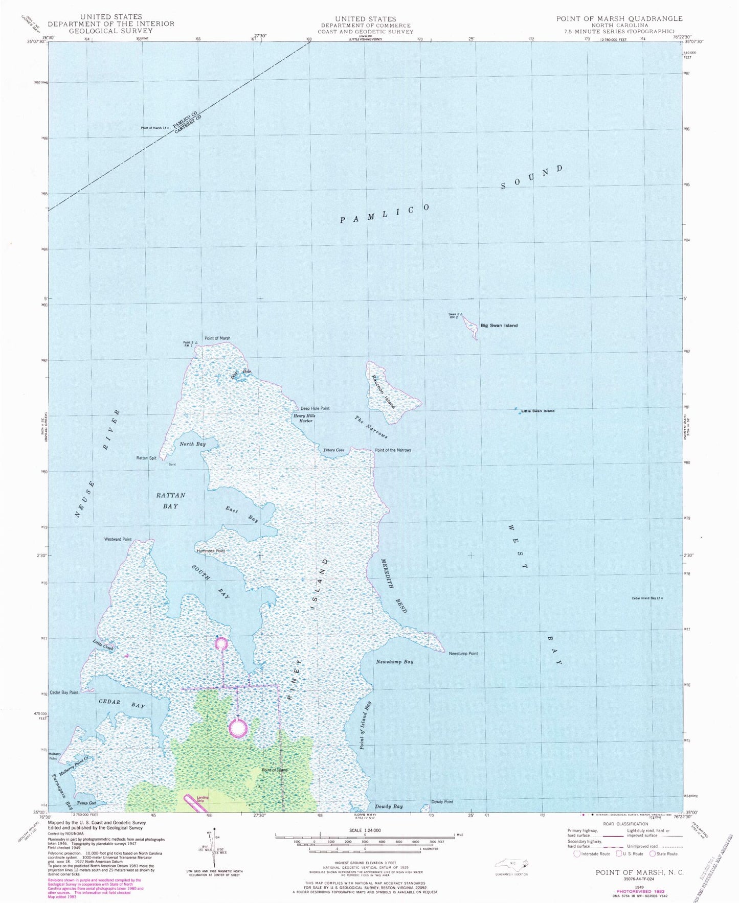 Classic USGS Point of Marsh North Carolina 7.5'x7.5' Topo Map Image