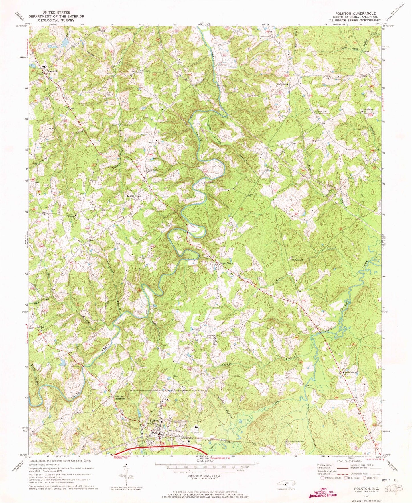 Classic USGS Polkton North Carolina 7.5'x7.5' Topo Map Image