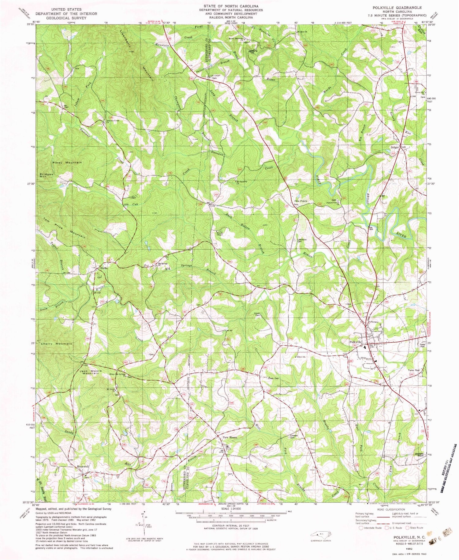 Classic USGS Polkville North Carolina 7.5'x7.5' Topo Map Image