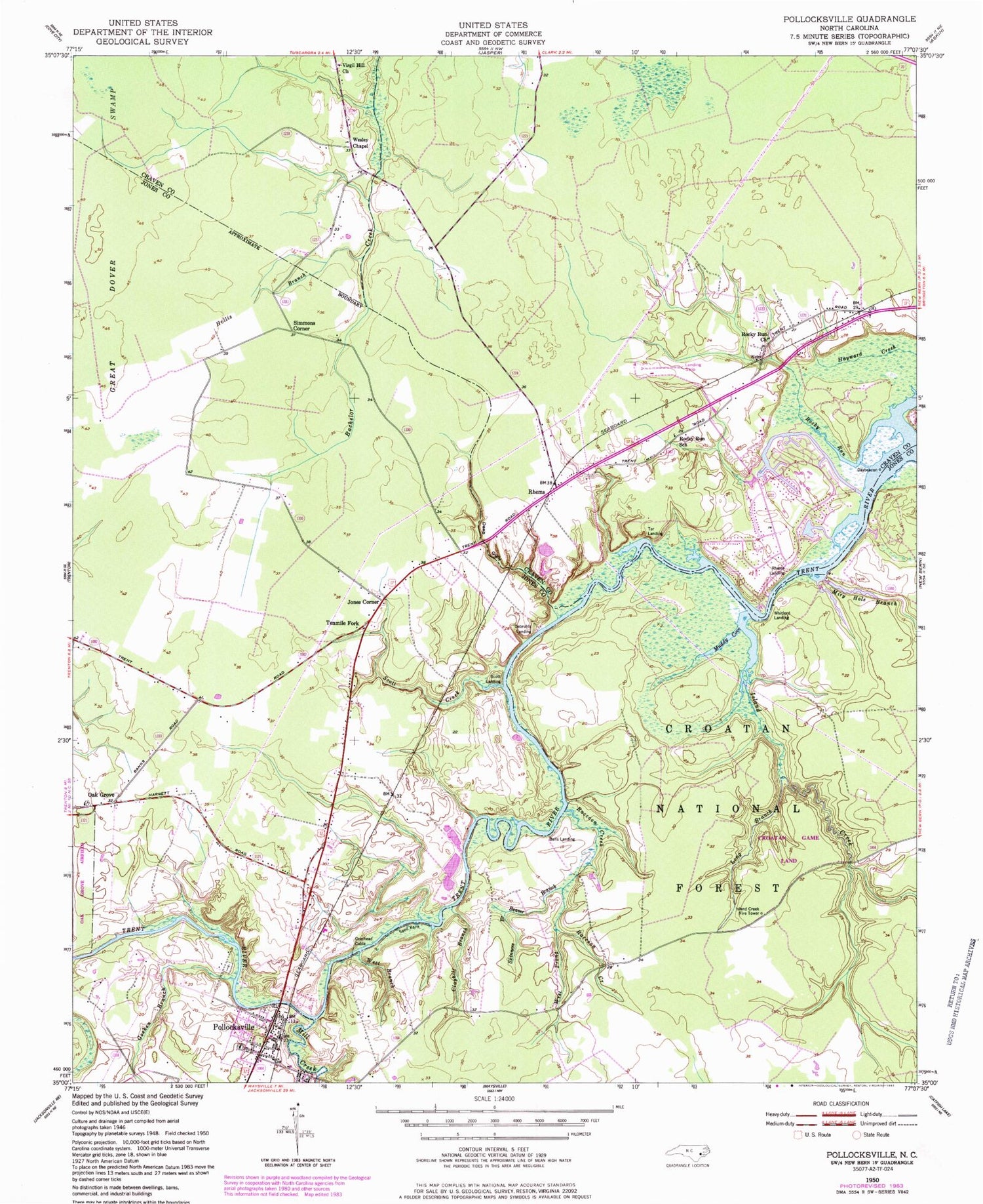 Classic USGS Pollocksville North Carolina 7.5'x7.5' Topo Map Image