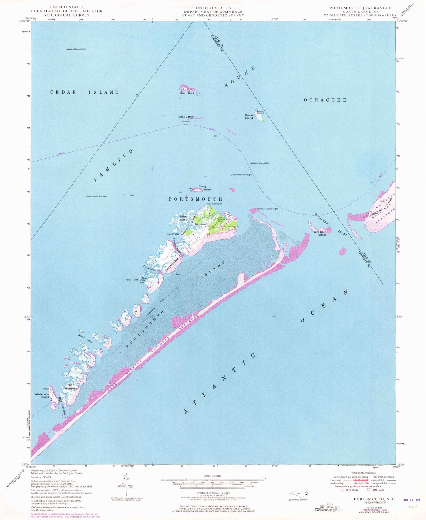Classic USGS Portsmouth North Carolina 7.5'x7.5' Topo Map Image