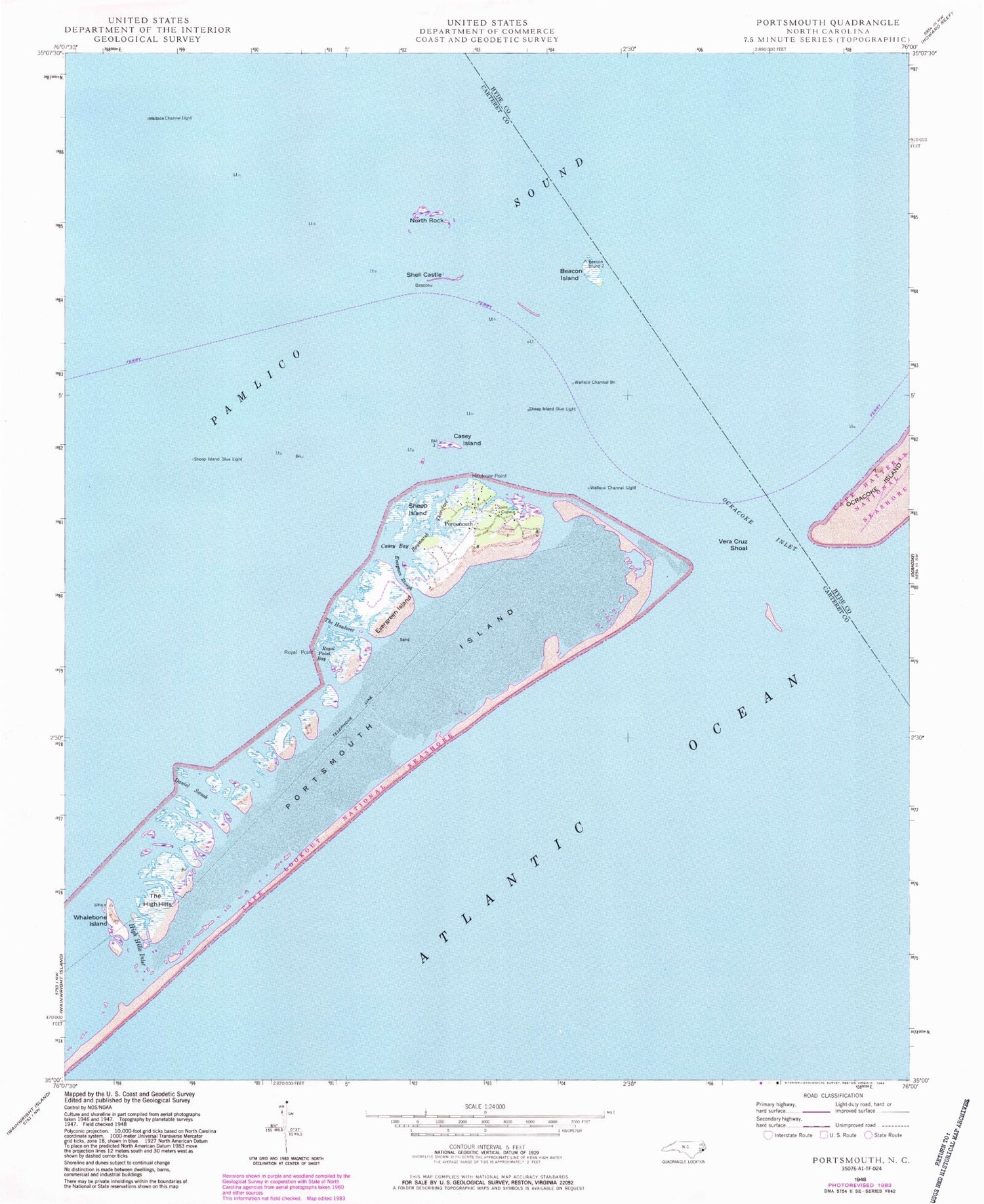 Classic USGS Portsmouth North Carolina 7.5'x7.5' Topo Map Image