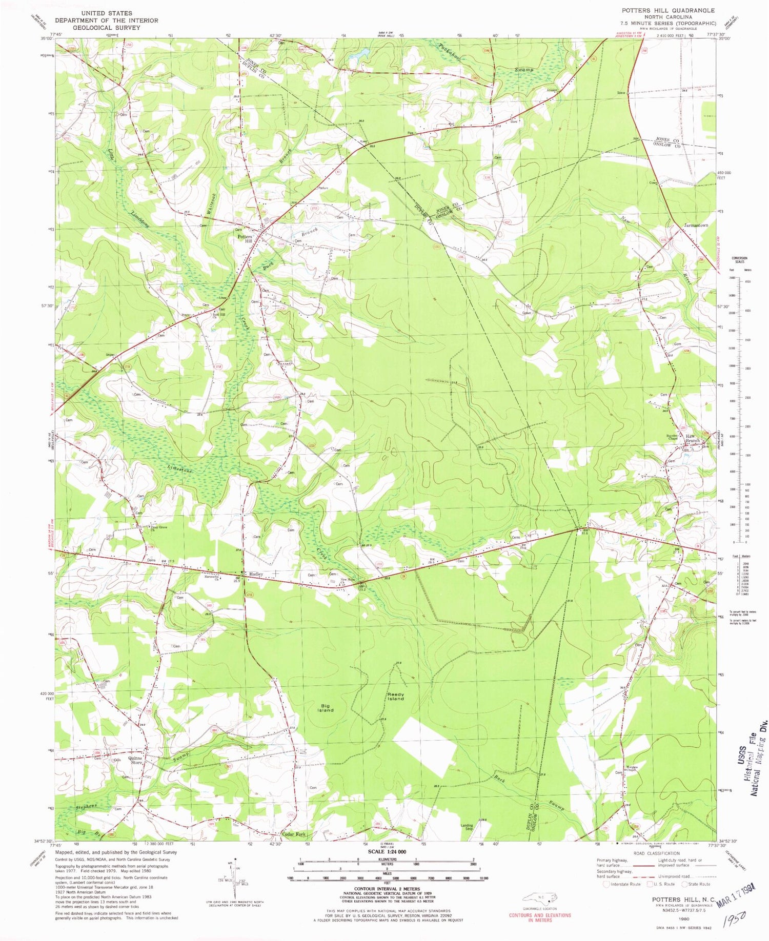 Classic USGS Potters Hill North Carolina 7.5'x7.5' Topo Map Image