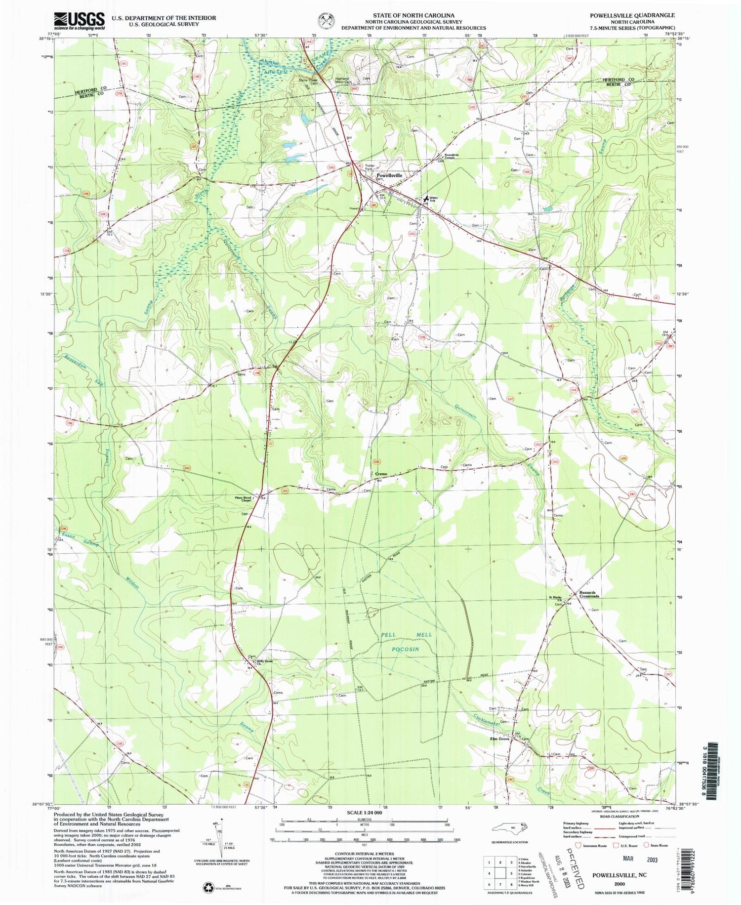 Classic USGS Powellsville North Carolina 7.5'x7.5' Topo Map Image