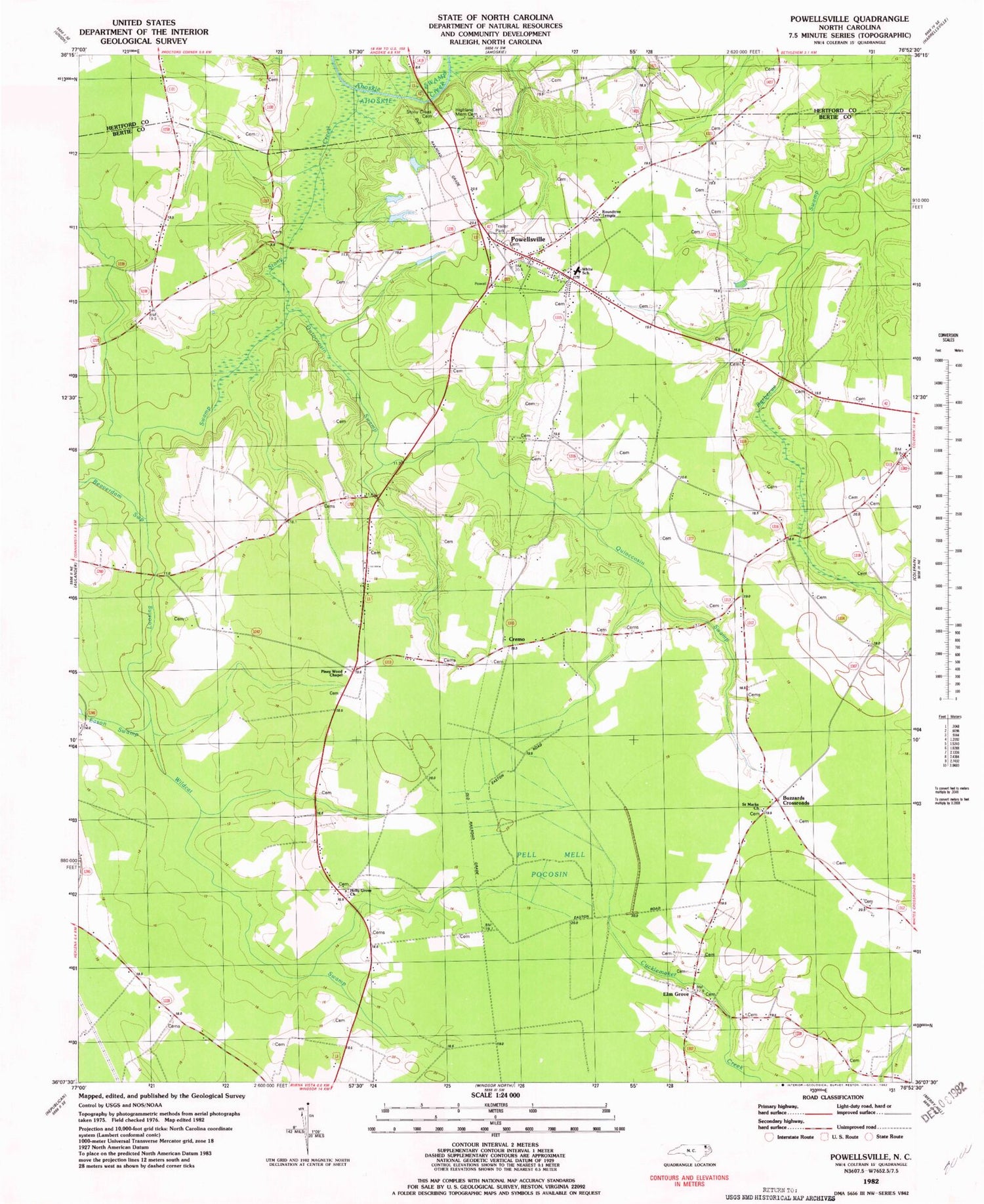 Classic USGS Powellsville North Carolina 7.5'x7.5' Topo Map Image