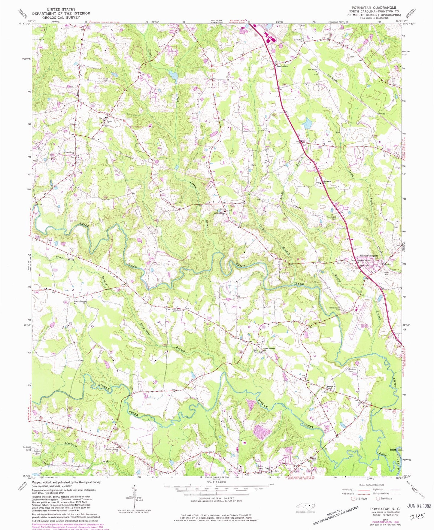 Classic USGS Powhatan North Carolina 7.5'x7.5' Topo Map Image