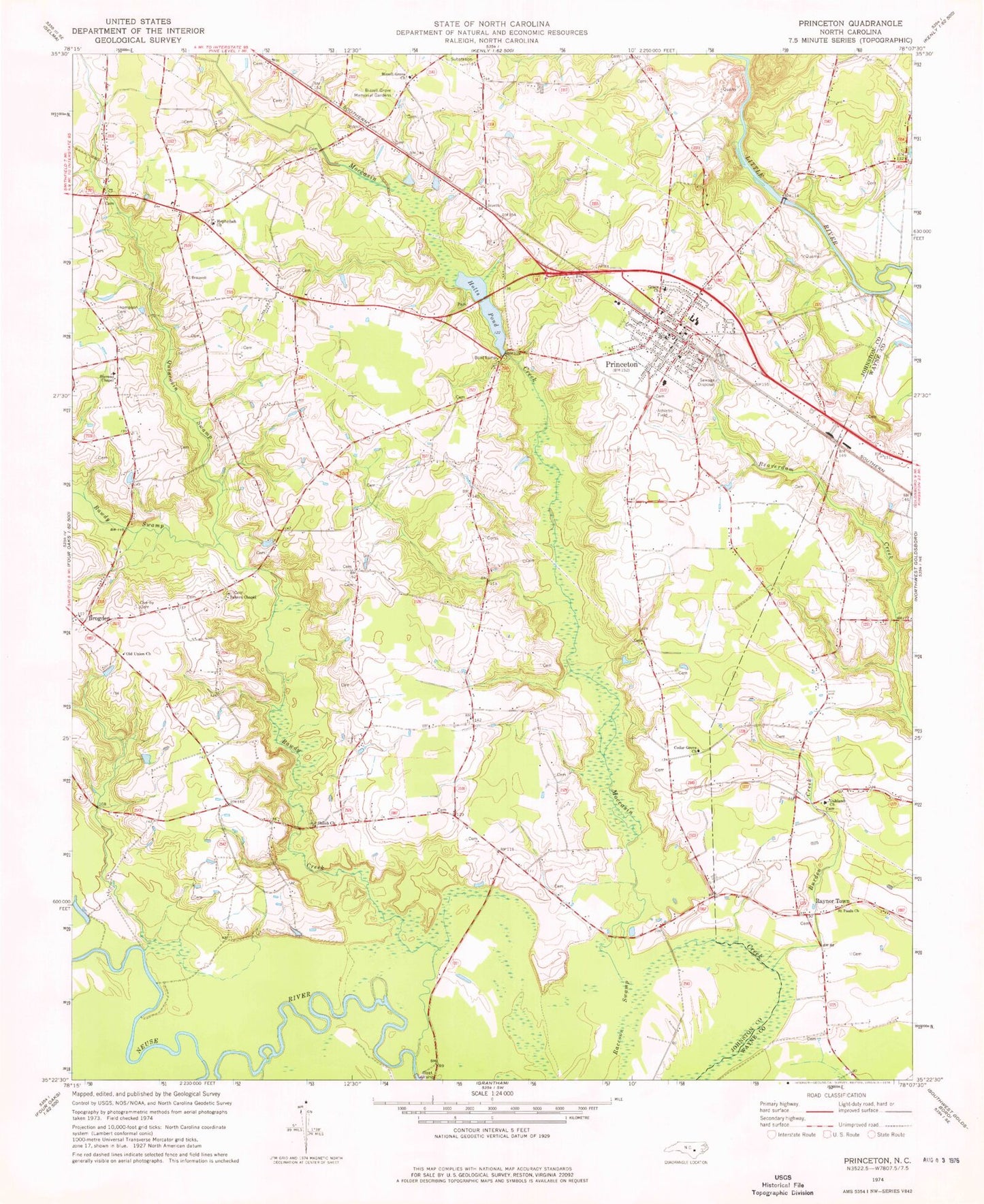 Classic USGS Princeton North Carolina 7.5'x7.5' Topo Map Image