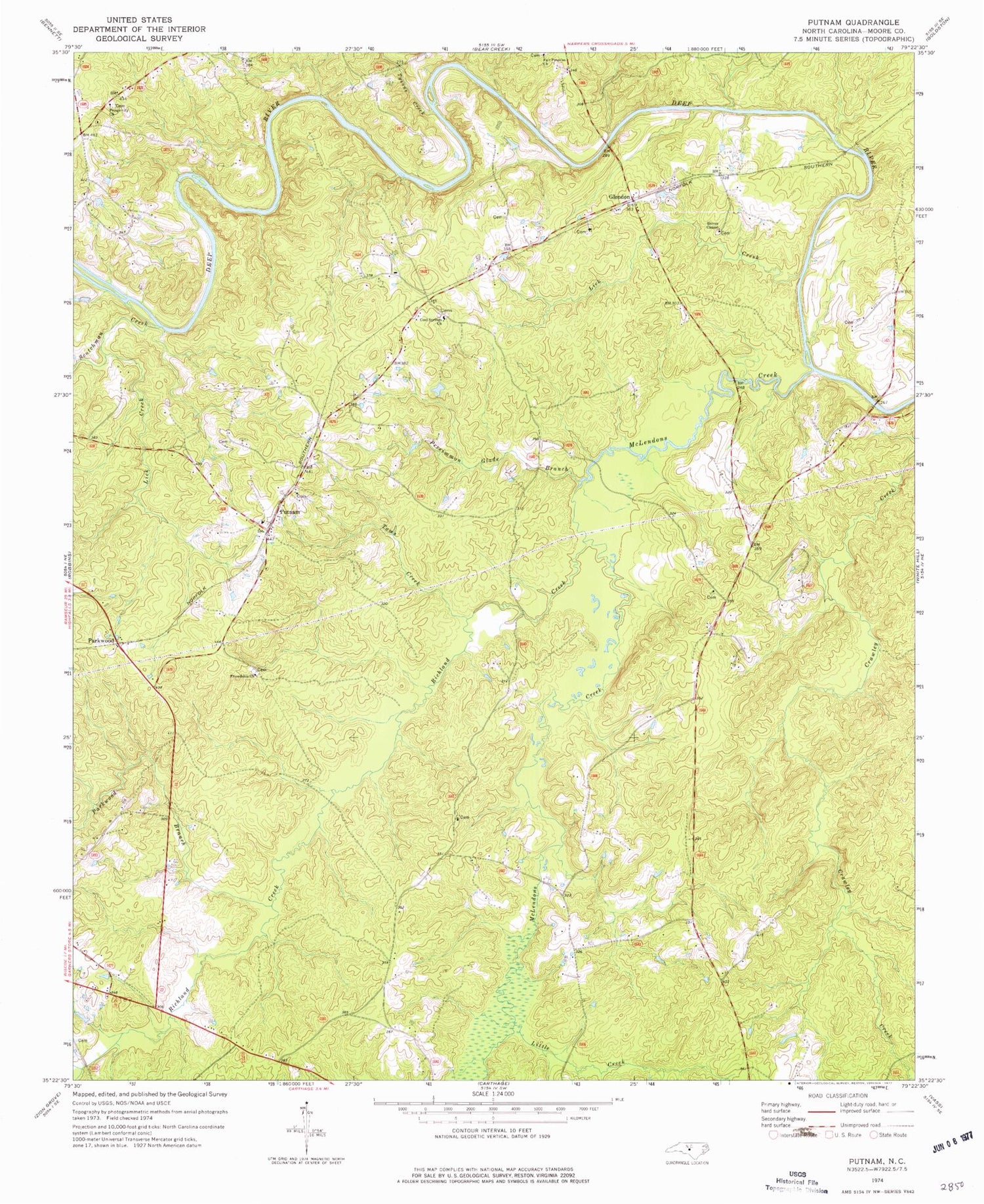 Classic USGS Putnam North Carolina 7.5'x7.5' Topo Map Image
