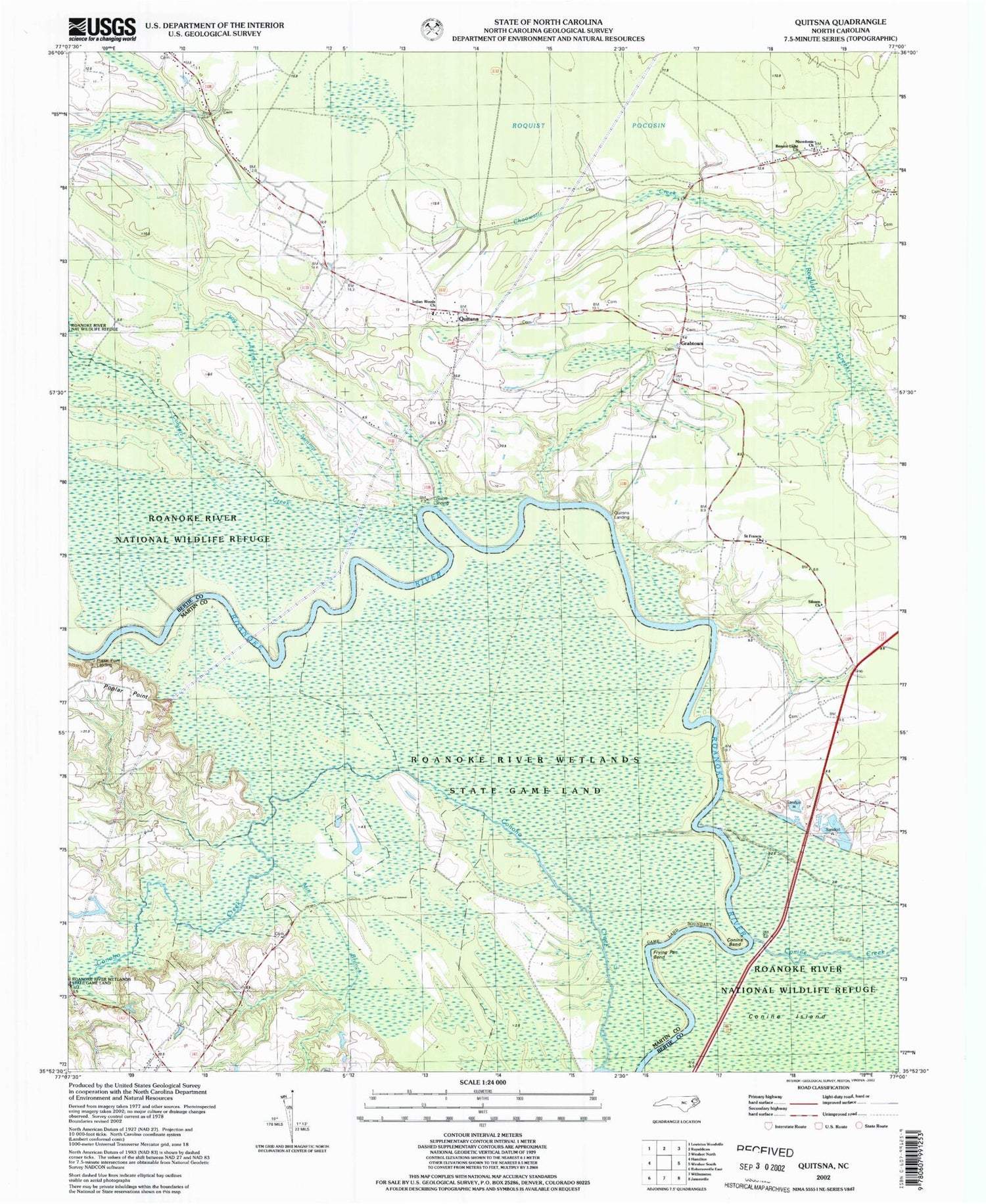 Classic USGS Quitsna North Carolina 7.5'x7.5' Topo Map Image