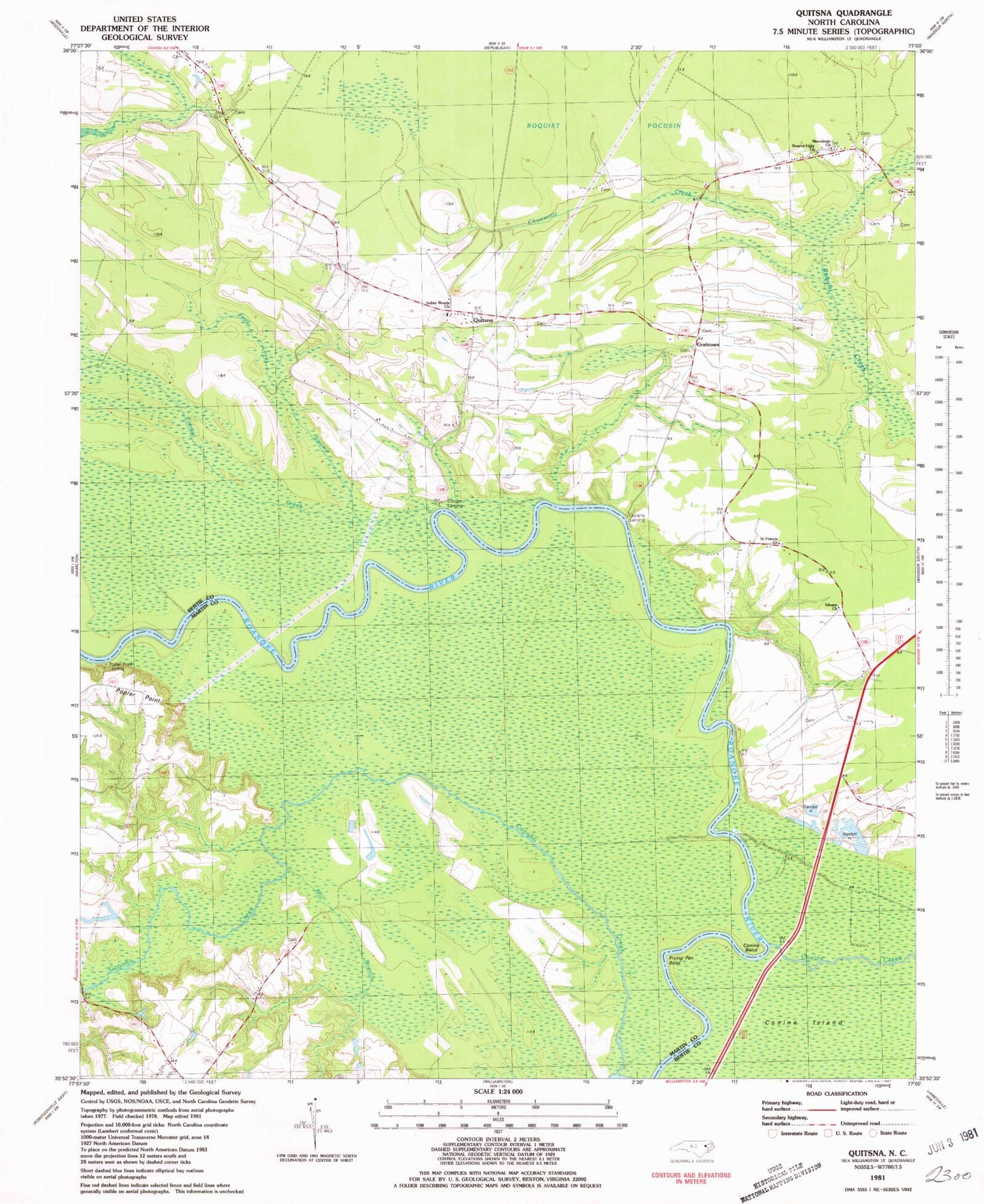 Classic USGS Quitsna North Carolina 7.5'x7.5' Topo Map Image