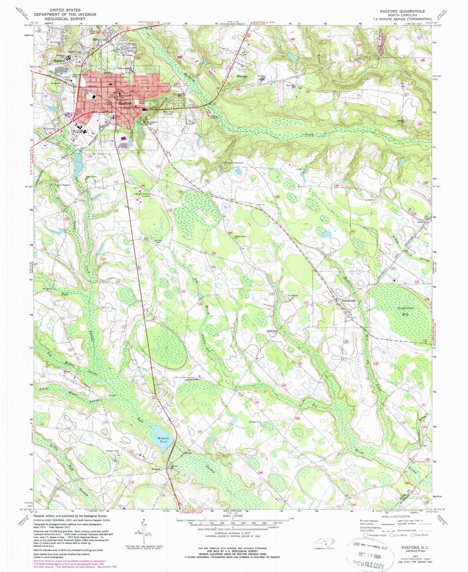 Classic USGS Raeford North Carolina 7.5'x7.5' Topo Map Image