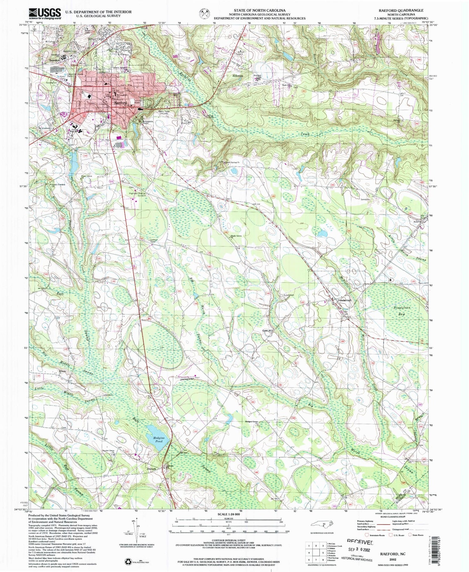 Classic USGS Raeford North Carolina 7.5'x7.5' Topo Map Image