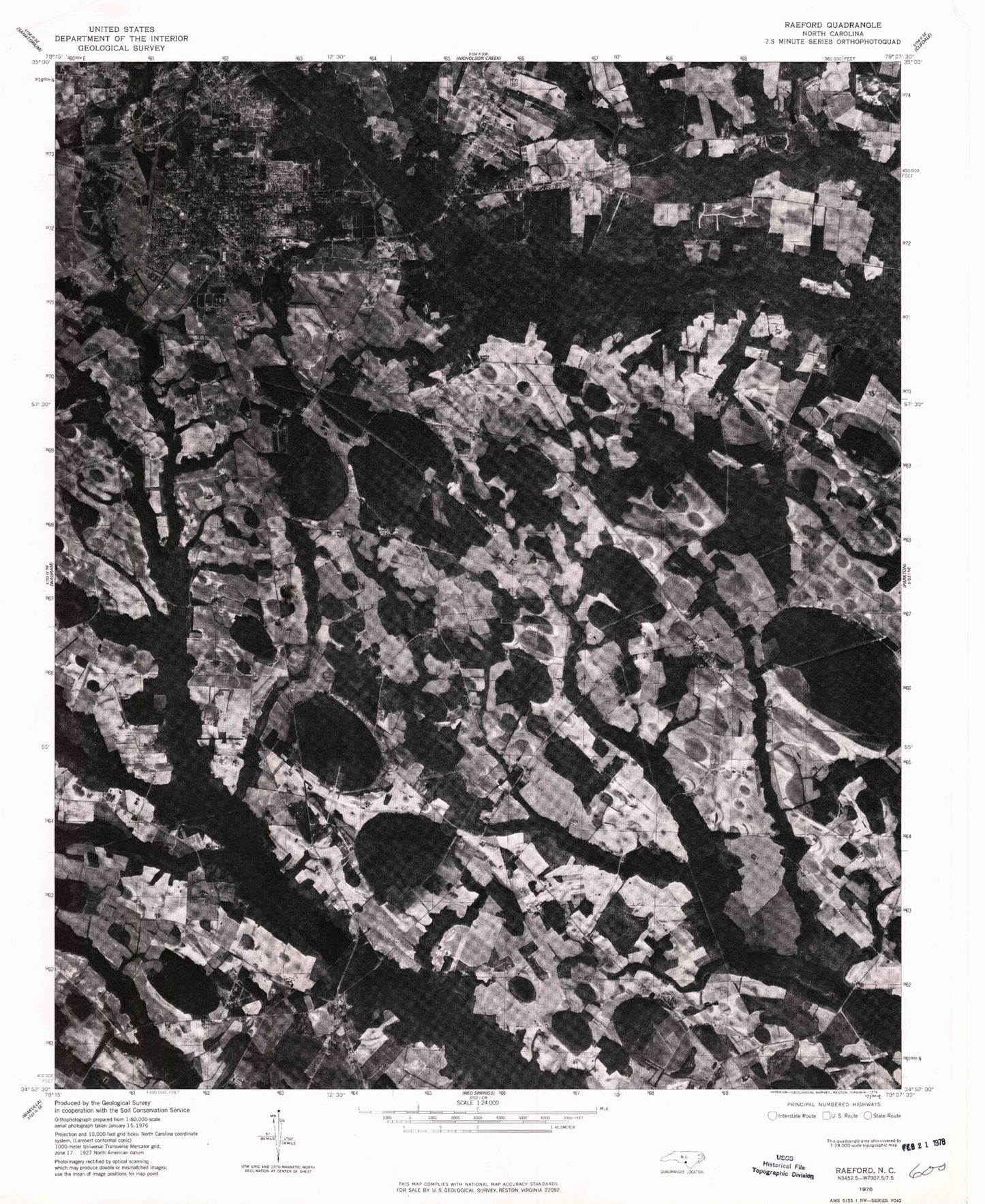 Classic USGS Raeford North Carolina 7.5'x7.5' Topo Map Image