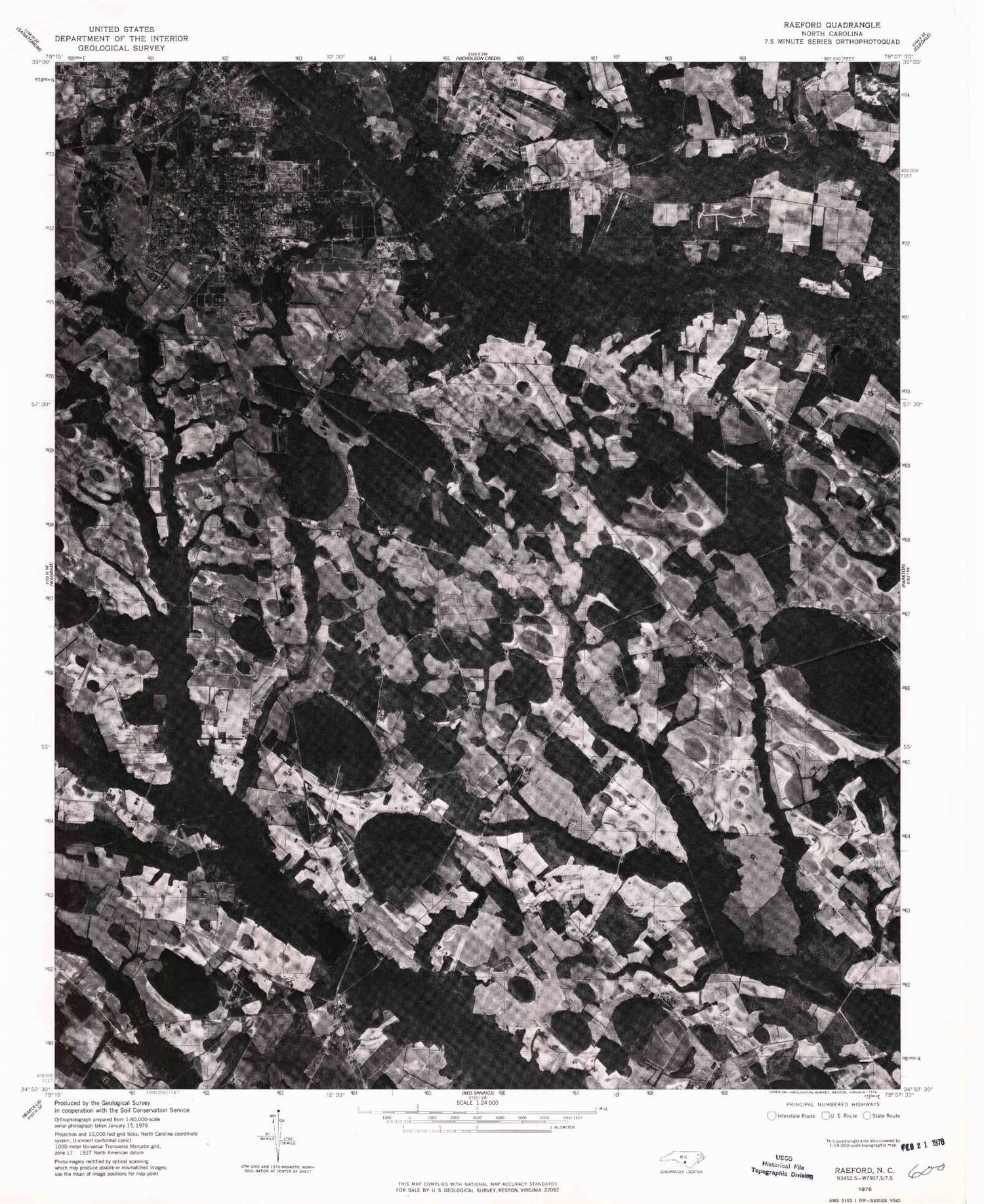 Classic USGS Raeford North Carolina 7.5'x7.5' Topo Map Image
