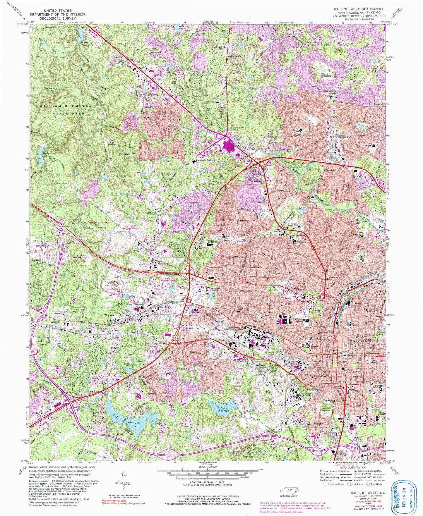 Classic USGS Raleigh West North Carolina 7.5'x7.5' Topo Map Image