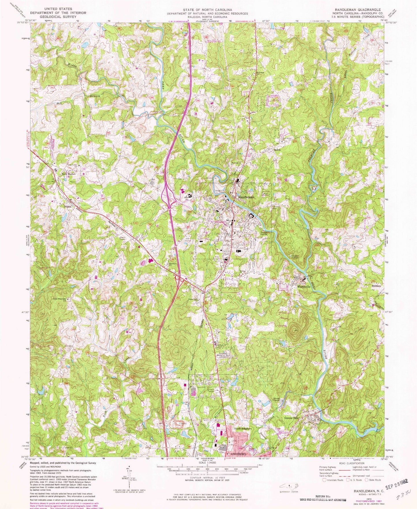 Classic USGS Randleman North Carolina 7.5'x7.5' Topo Map Image