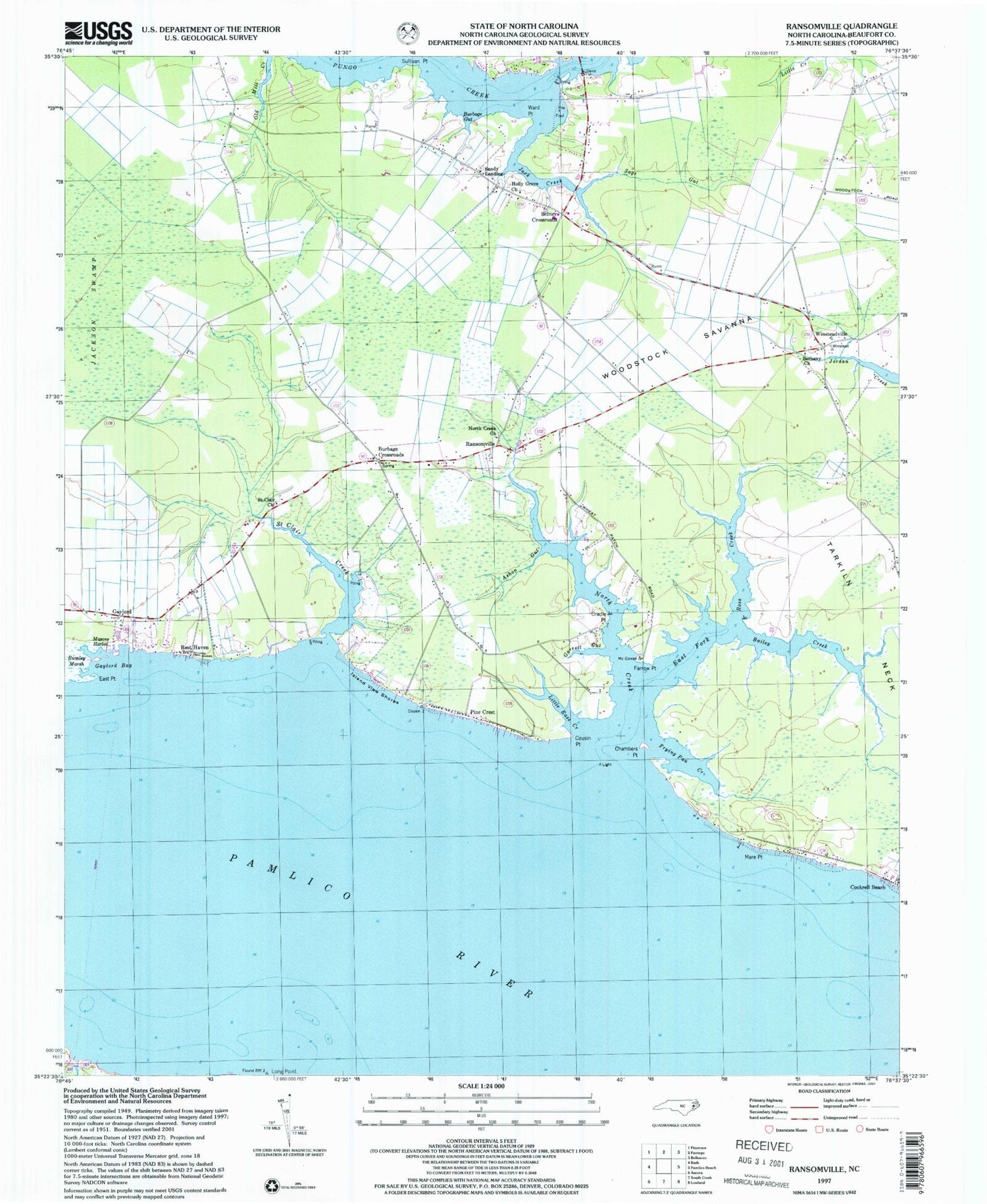 Classic USGS Ransomville North Carolina 7.5'x7.5' Topo Map Image