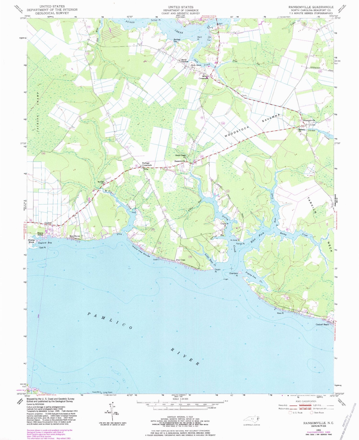 Classic USGS Ransomville North Carolina 7.5'x7.5' Topo Map Image
