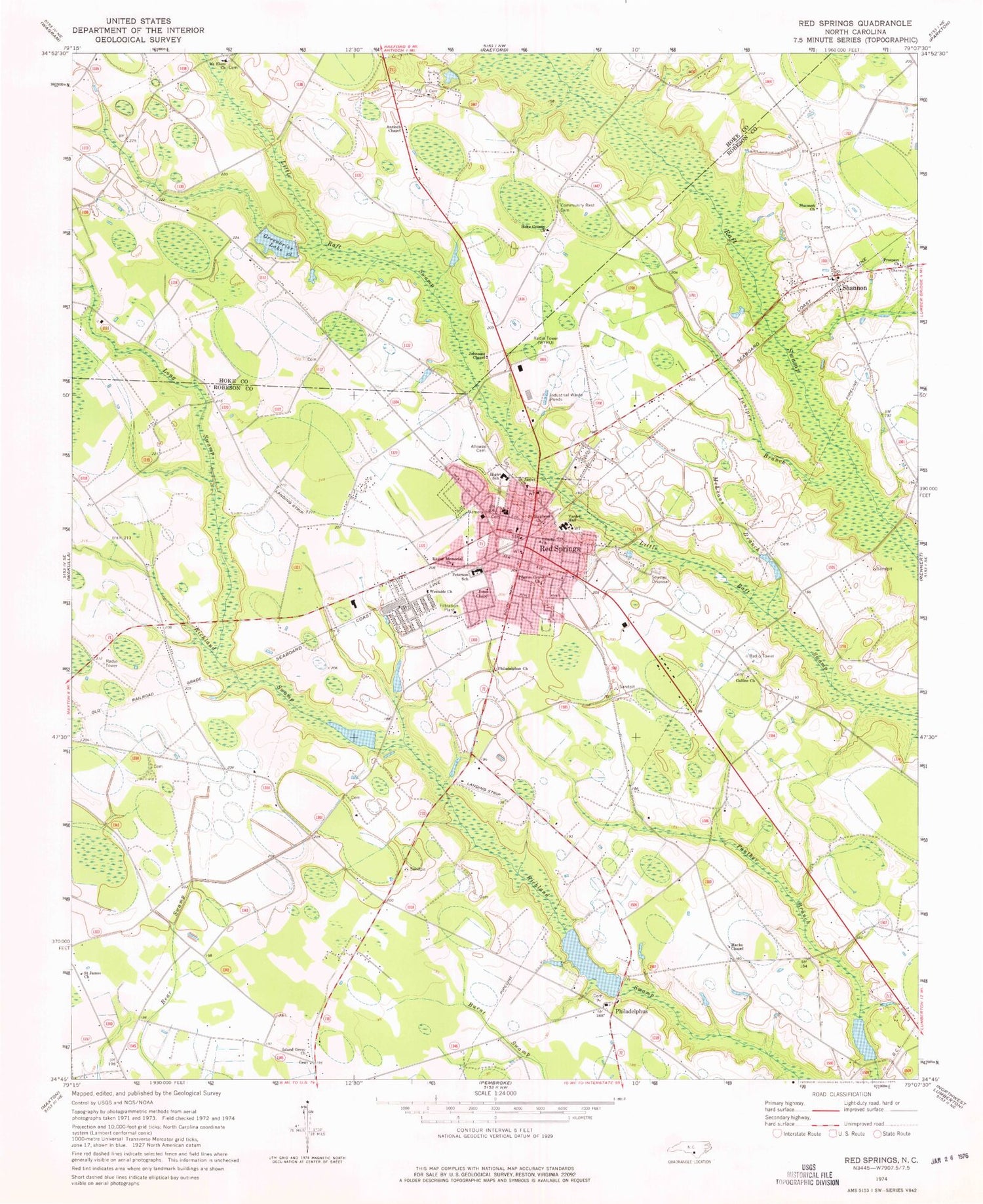 Classic USGS Red Springs North Carolina 7.5'x7.5' Topo Map Image