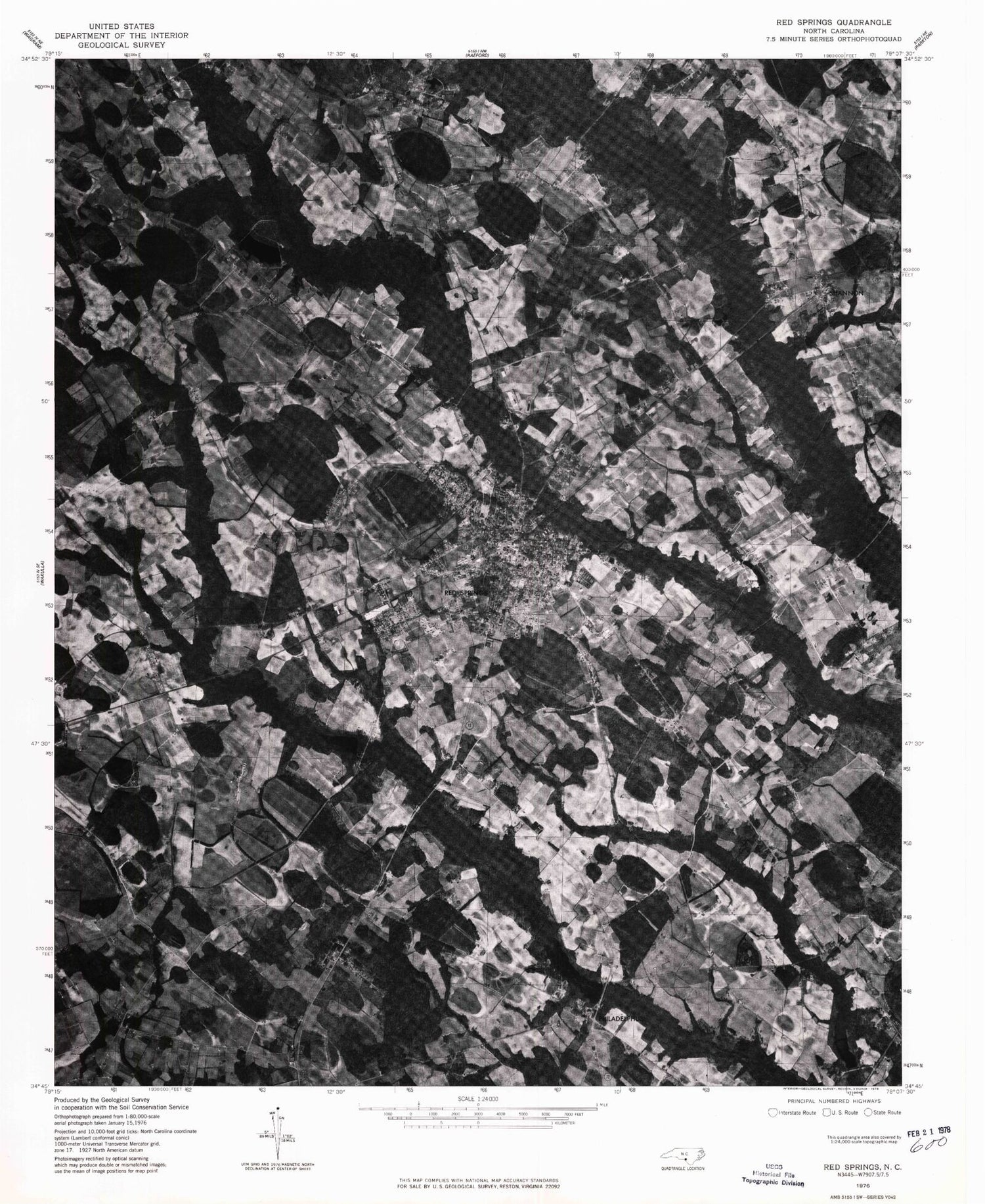 Classic USGS Red Springs North Carolina 7.5'x7.5' Topo Map Image