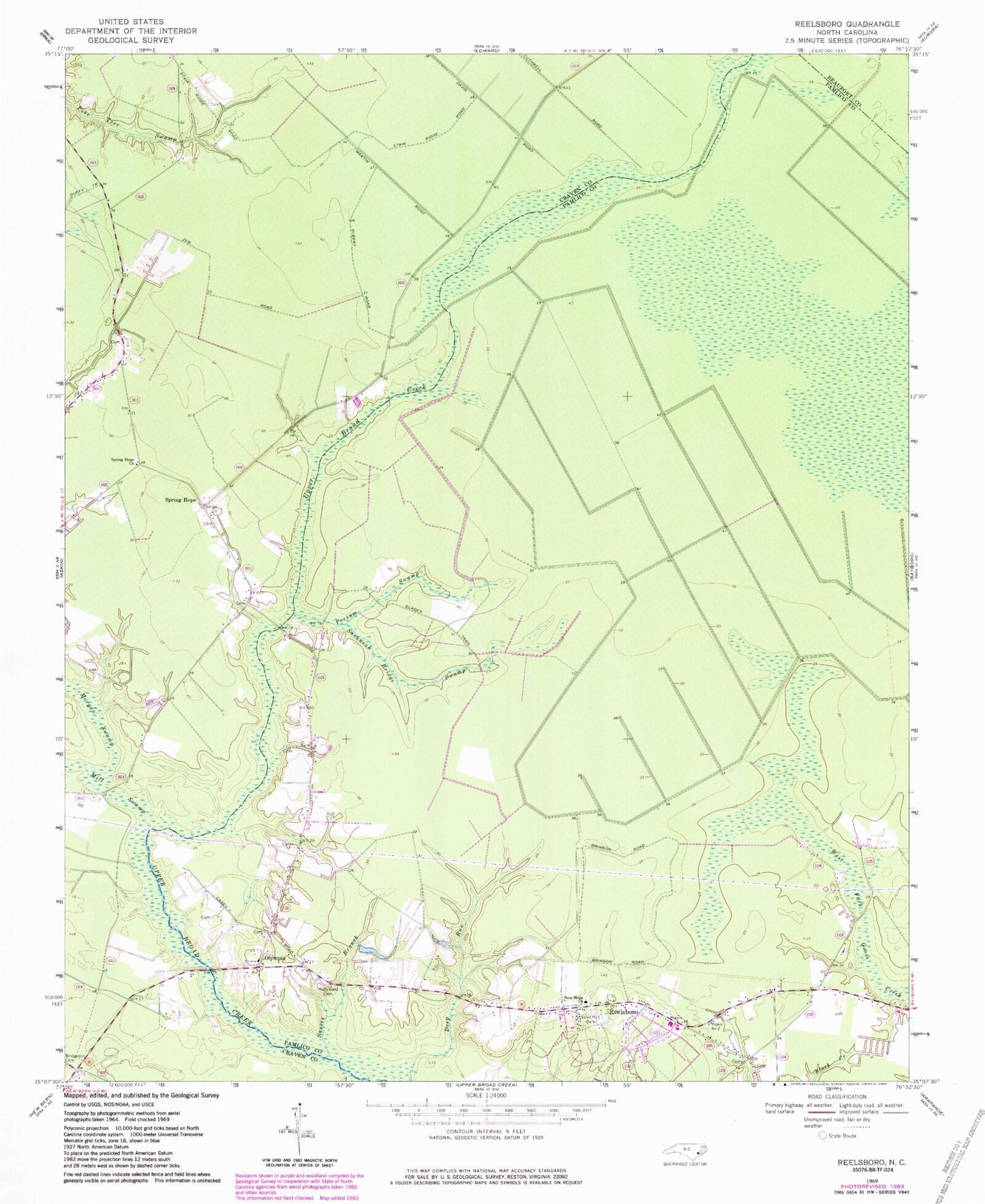 Classic USGS Reelsboro North Carolina 7.5'x7.5' Topo Map Image