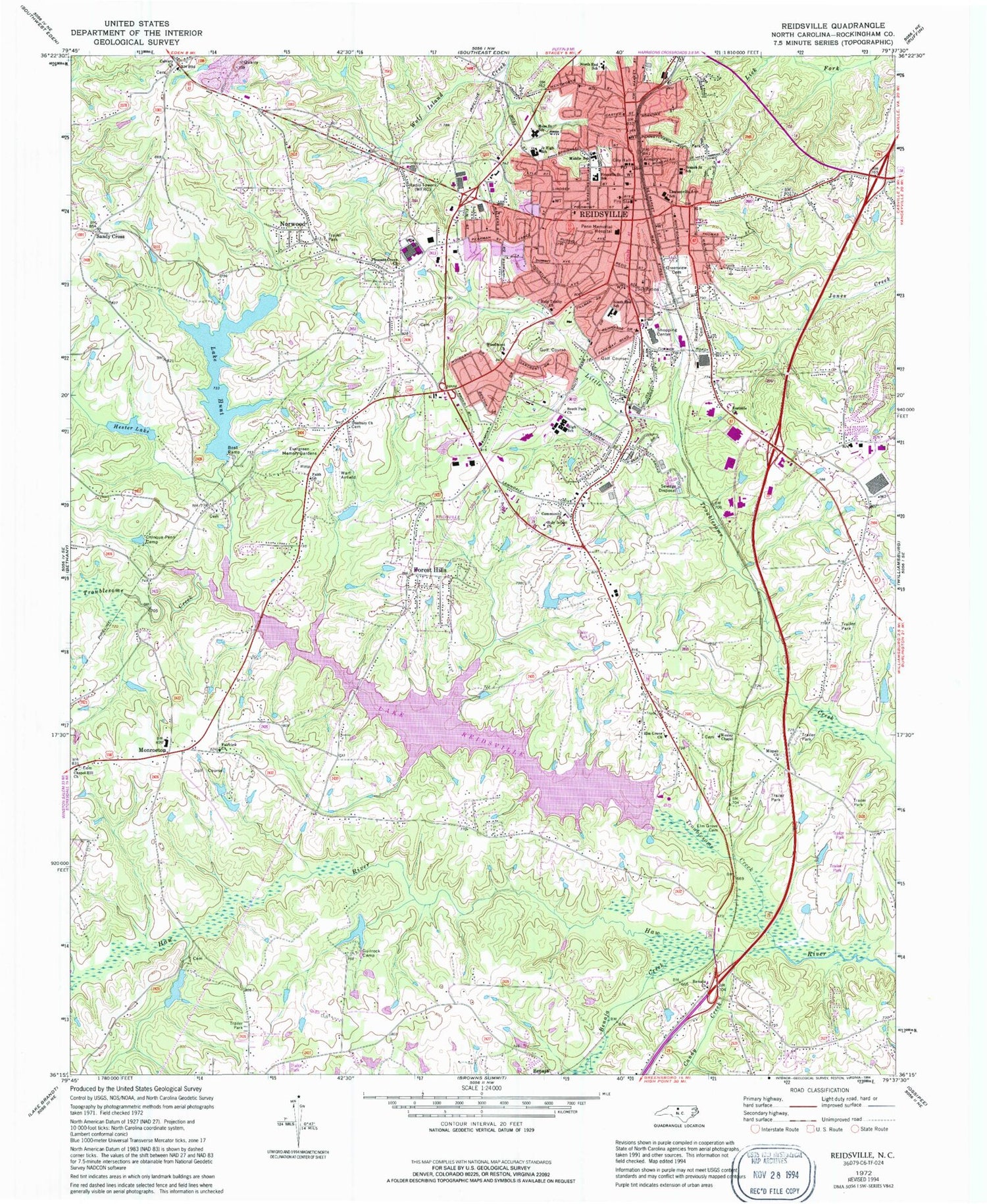 Classic USGS Reidsville North Carolina 7.5'x7.5' Topo Map Image
