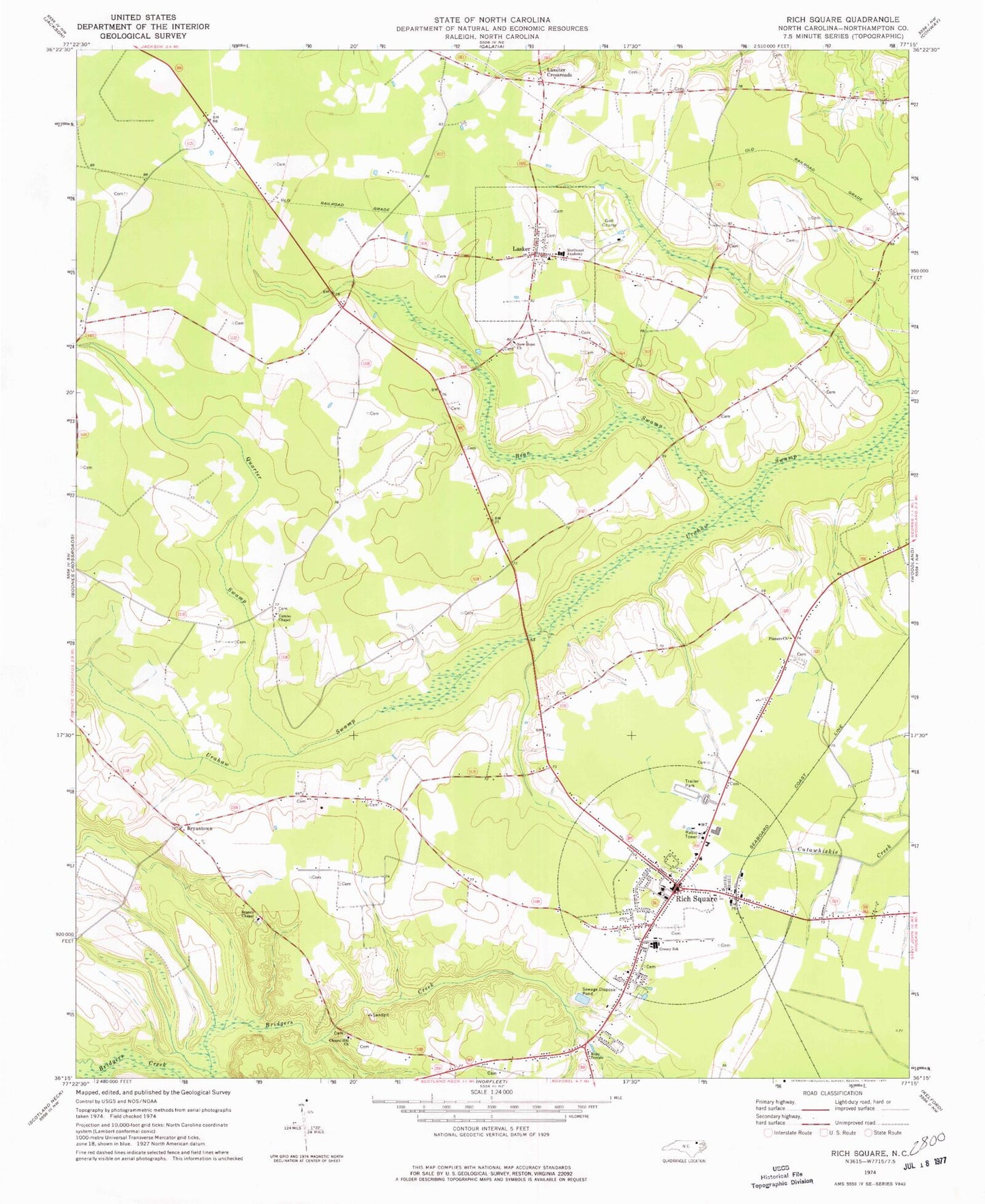 Classic USGS Rich Square North Carolina 7.5'x7.5' Topo Map Image