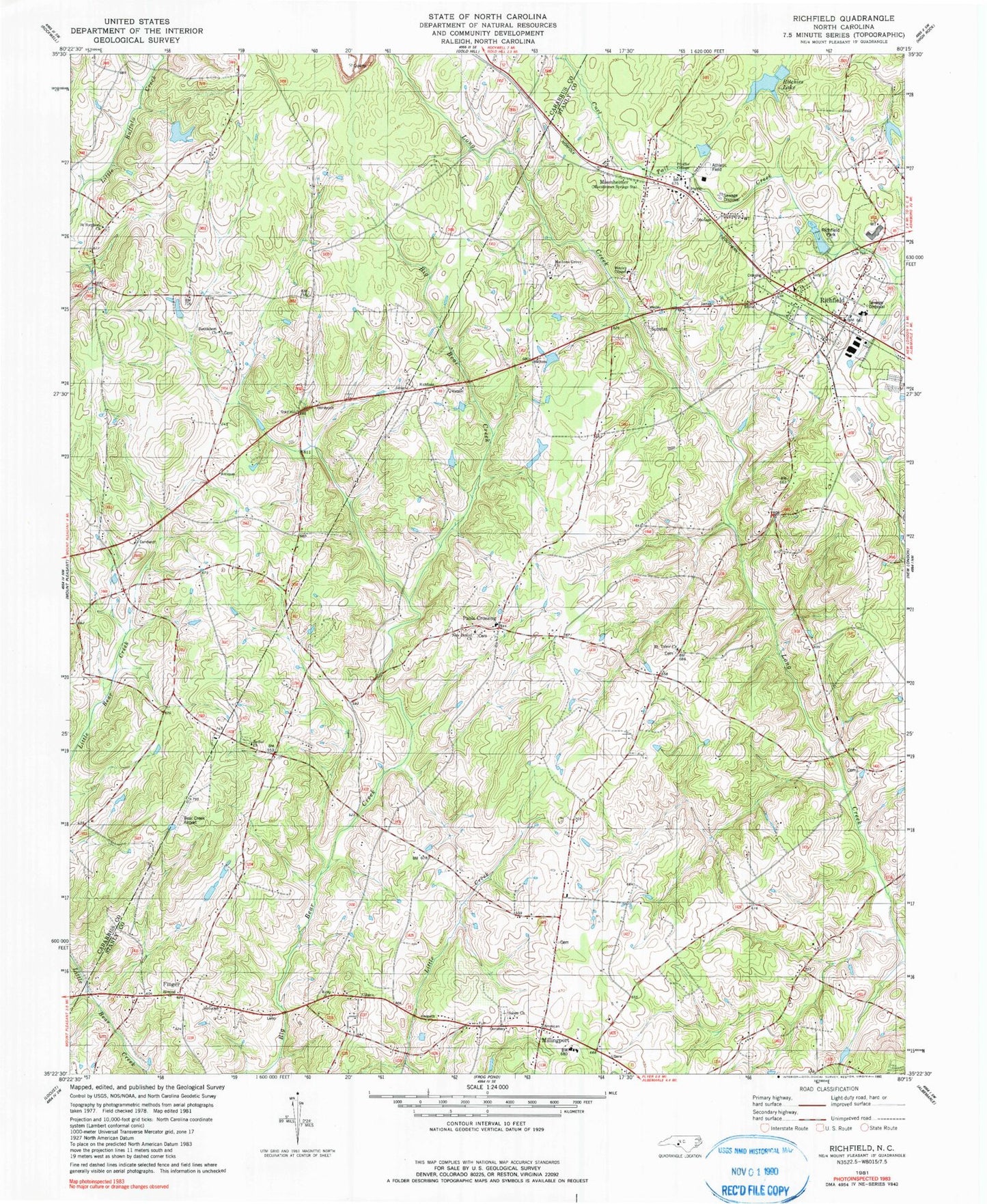 Classic USGS Richfield North Carolina 7.5'x7.5' Topo Map Image