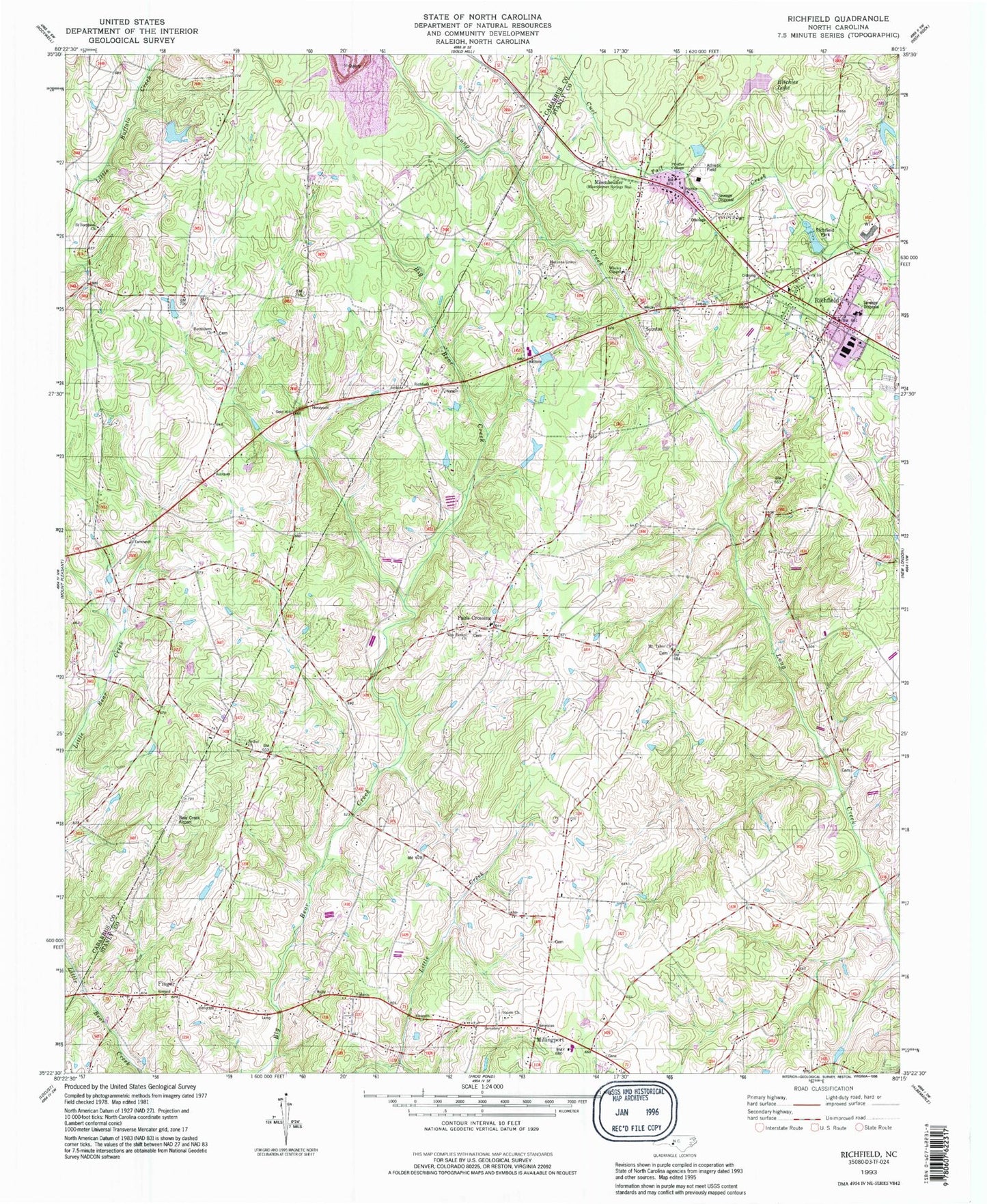 Classic USGS Richfield North Carolina 7.5'x7.5' Topo Map Image