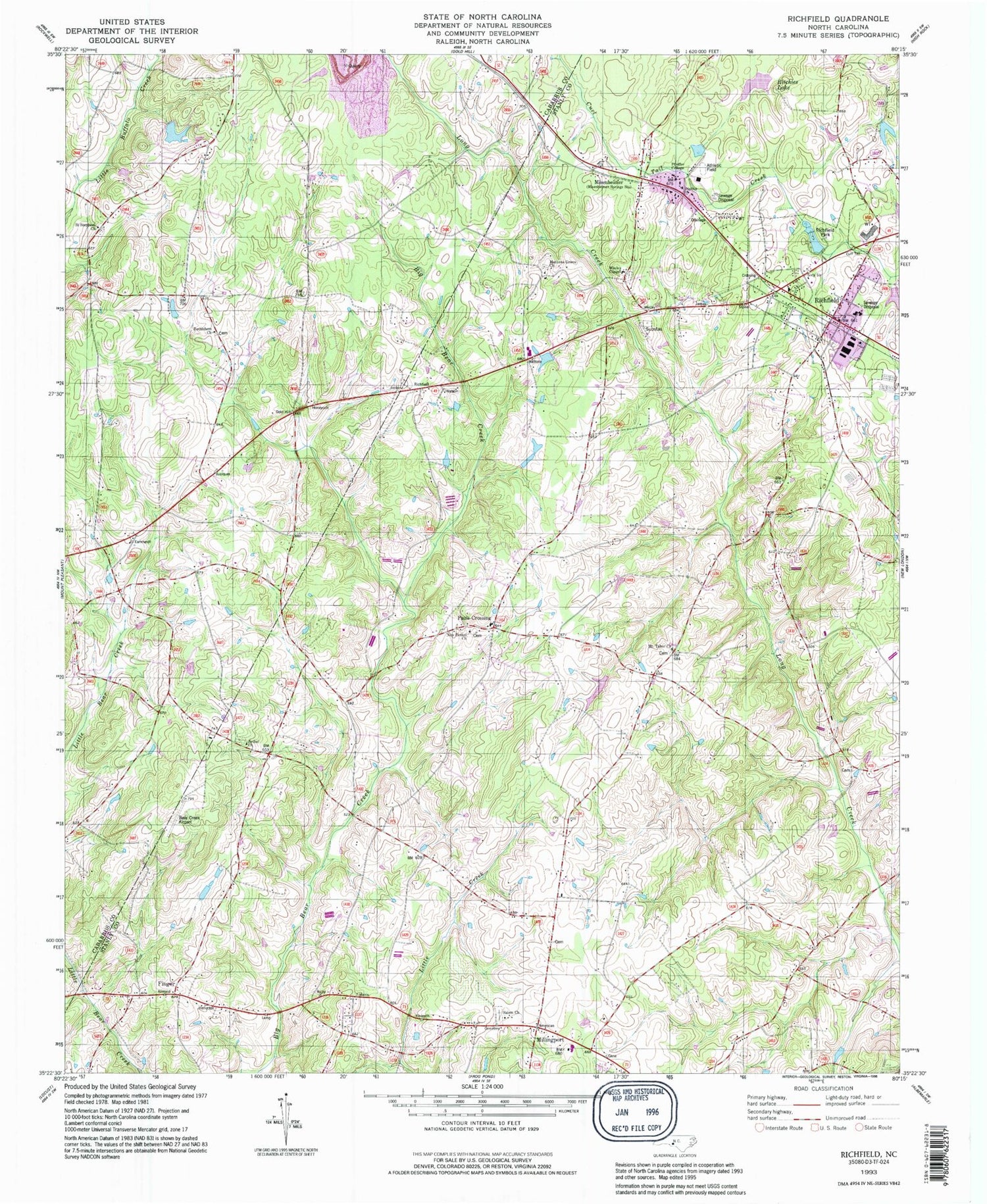 Classic USGS Richfield North Carolina 7.5'x7.5' Topo Map Image