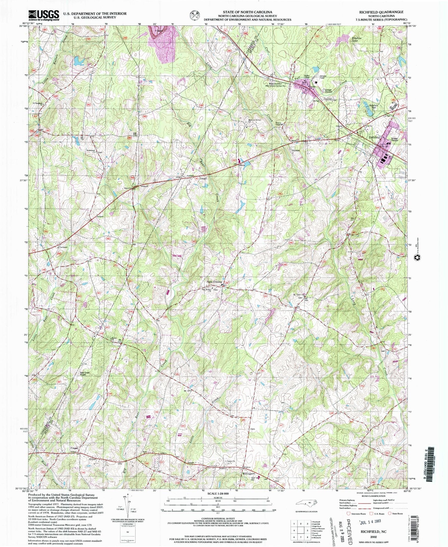 Classic USGS Richfield North Carolina 7.5'x7.5' Topo Map Image