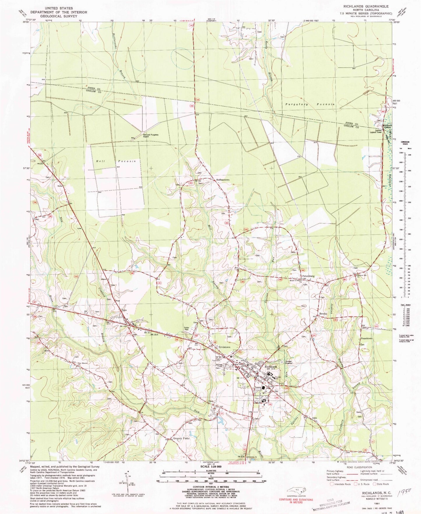 Classic USGS Richlands North Carolina 7.5'x7.5' Topo Map Image